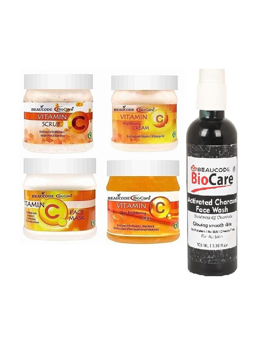 

BEAUCODE BIOCARE Set Of 5 Vitamin C Cream-Mask-Gel-Scrub-Activated Charcoal Face Wash, Orange