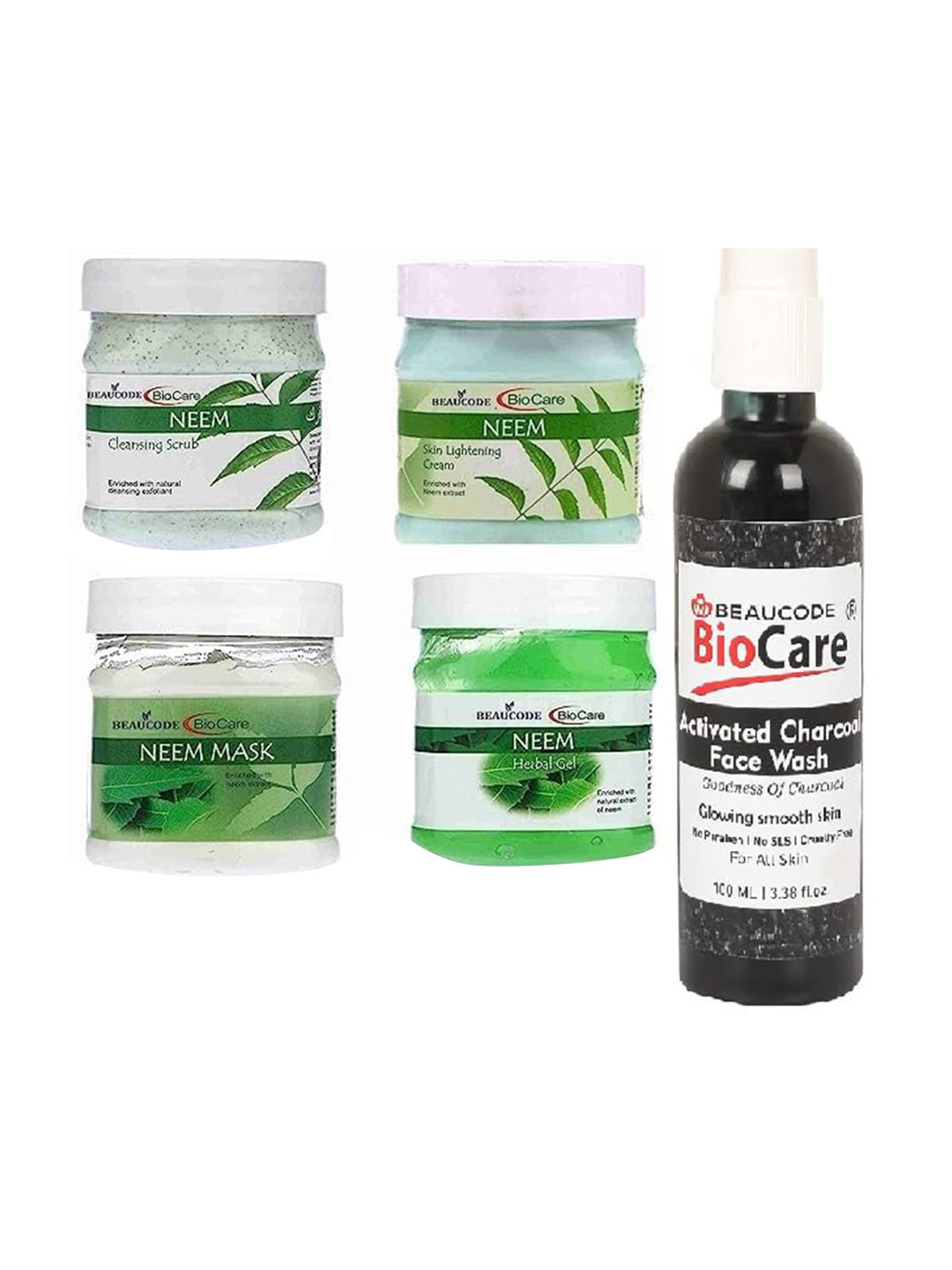 

BEAUCODE BIOCARE Set Of 5 Neem Cream-Mask-Gel-Scrub-Activated Charcoal Face Wash, Green