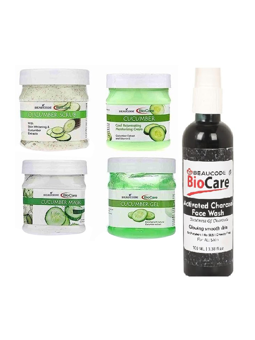 

BEAUCODE BIOCARE Set Of 5 Cucumber Cream-Mask-Gel-Scrub-Activated Charcoal Face Wash, Green