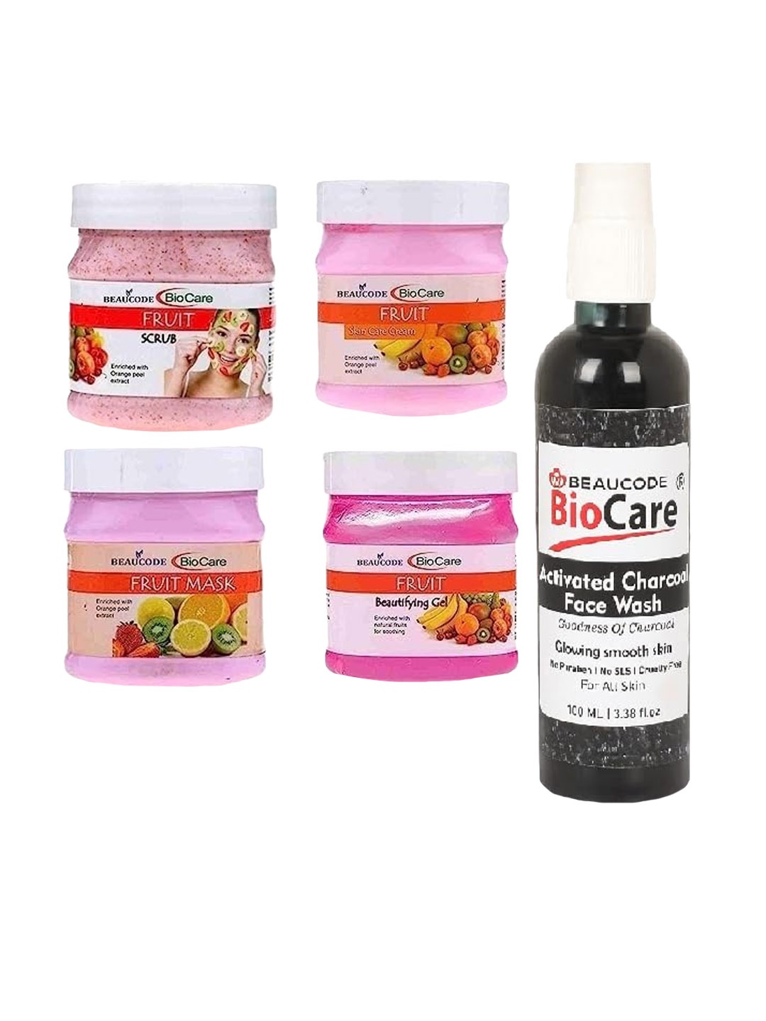 

BEAUCODE BIOCARE Set Of 5 Fruit Cream-Mask-Gel-Scrub-Activated Charcoal Face Wash, Pink