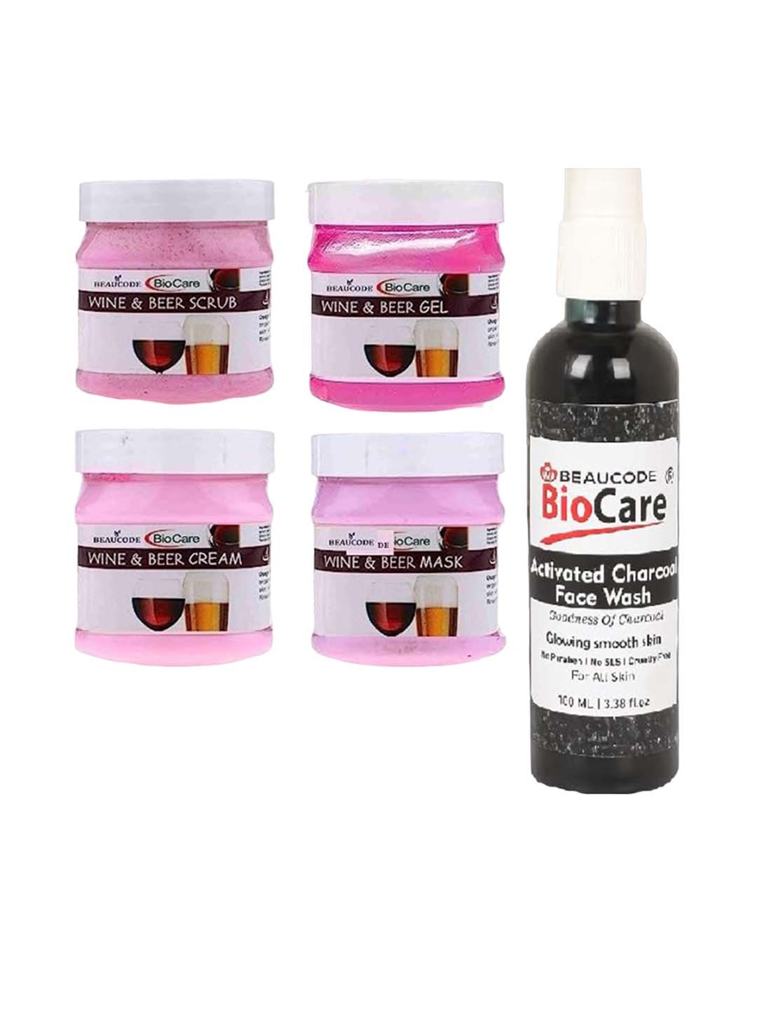 

BEAUCODE BIOCARE Set Of 5 Wine & Beer Cream-Mask-Gel-Scrub-Activated Charcoal Face Wash, Pink