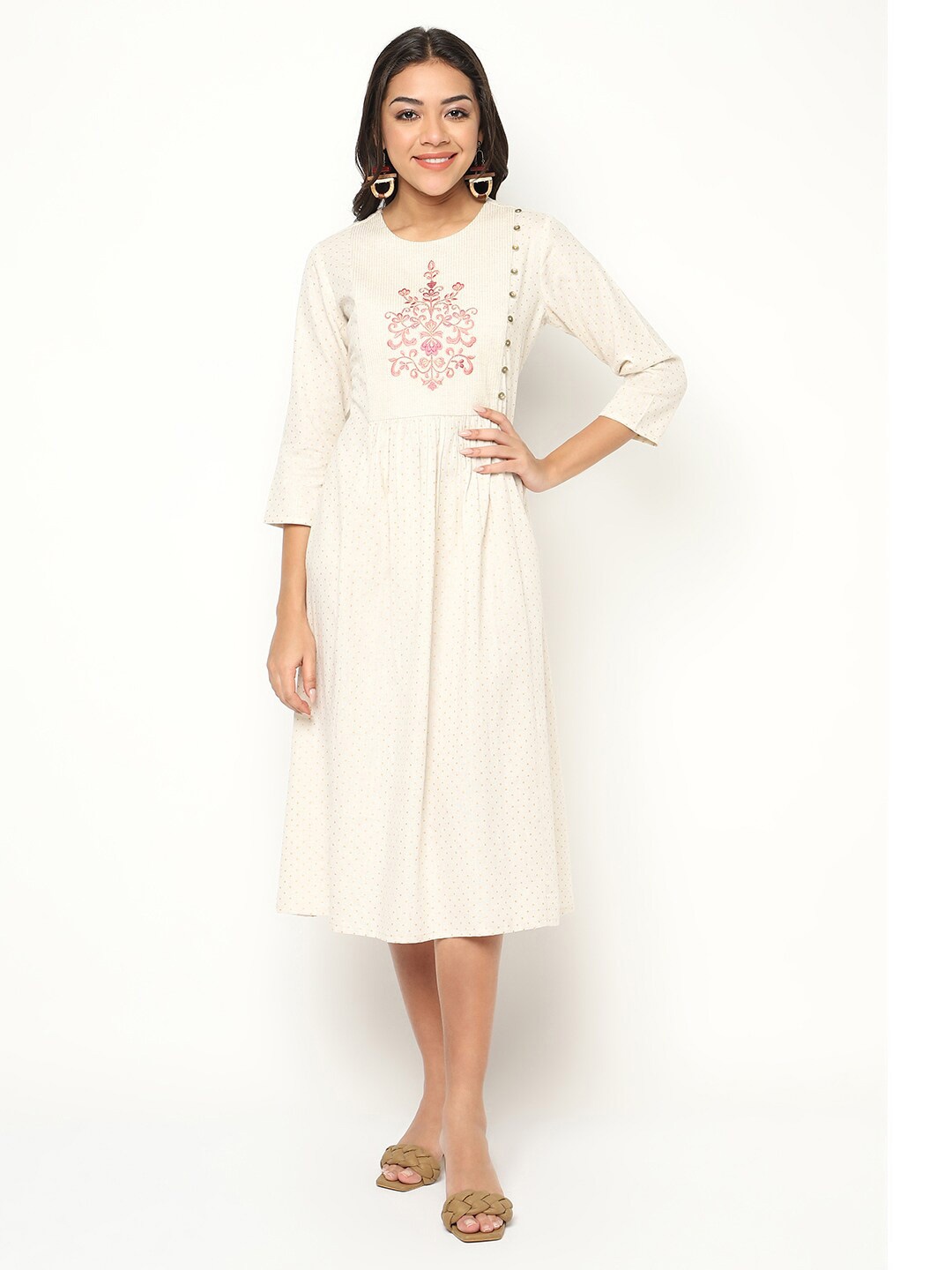 

HOUSE OF S Ethnic Motifs Embroidered Cotton A-Line Dress, Cream