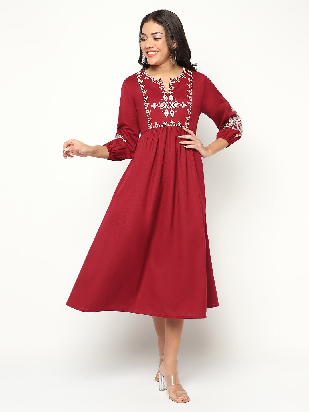 

HOUSE OF S Ethnic Motifs Embroidered Cotton A-Line Midi Dress, Red