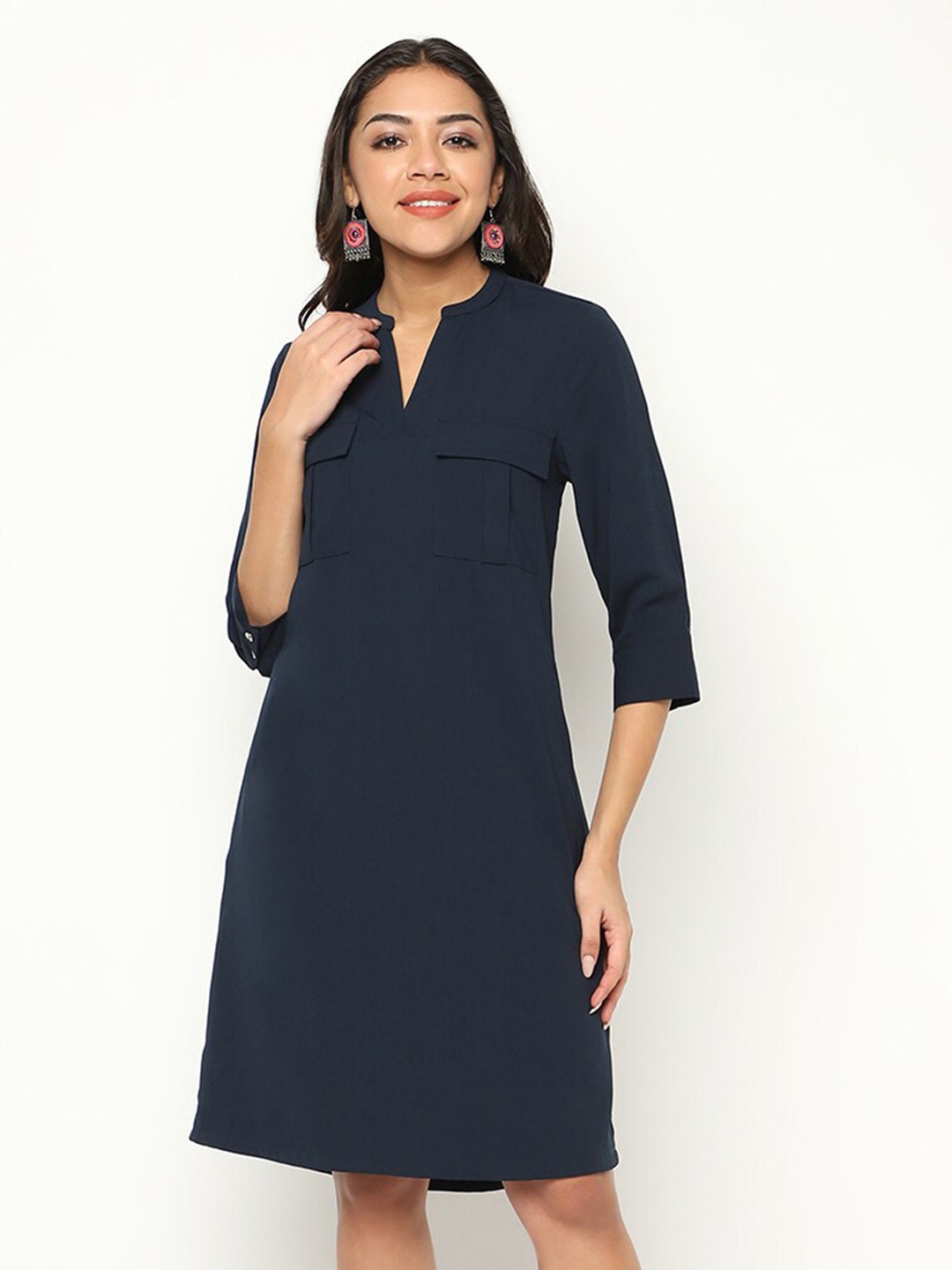 

HOUSE OF S Mandarin Collar A-Line Dress, Navy blue