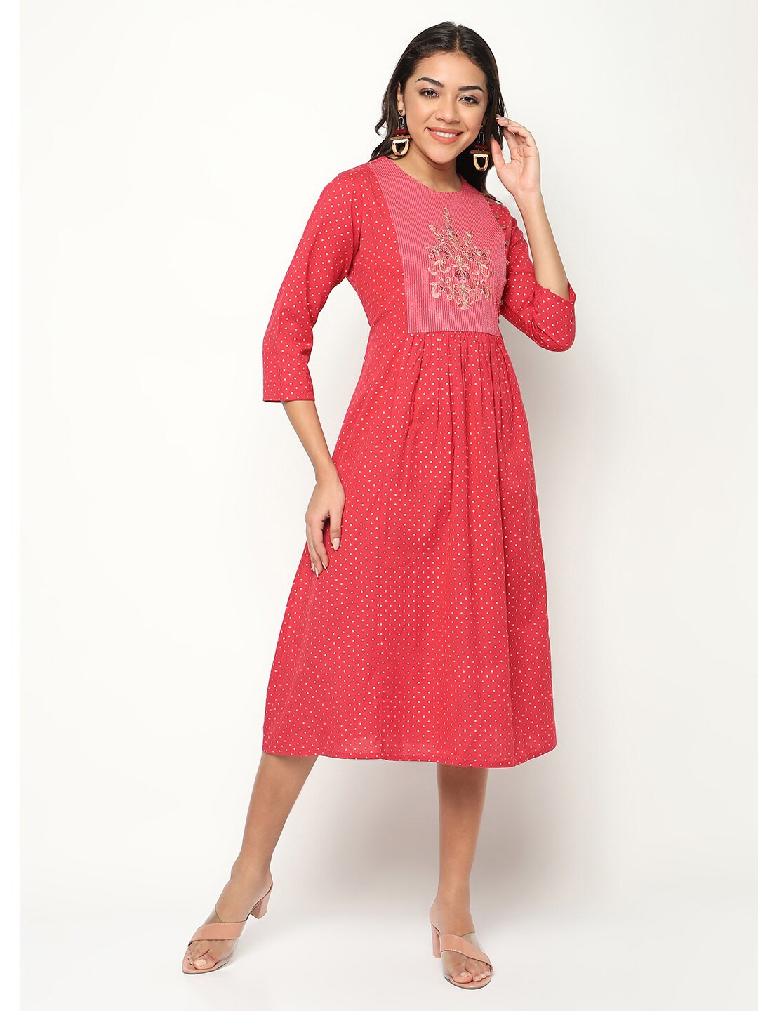

HOUSE OF S polka Dots Printed Embroidered Detailed Cotton A-Line Dress, Red