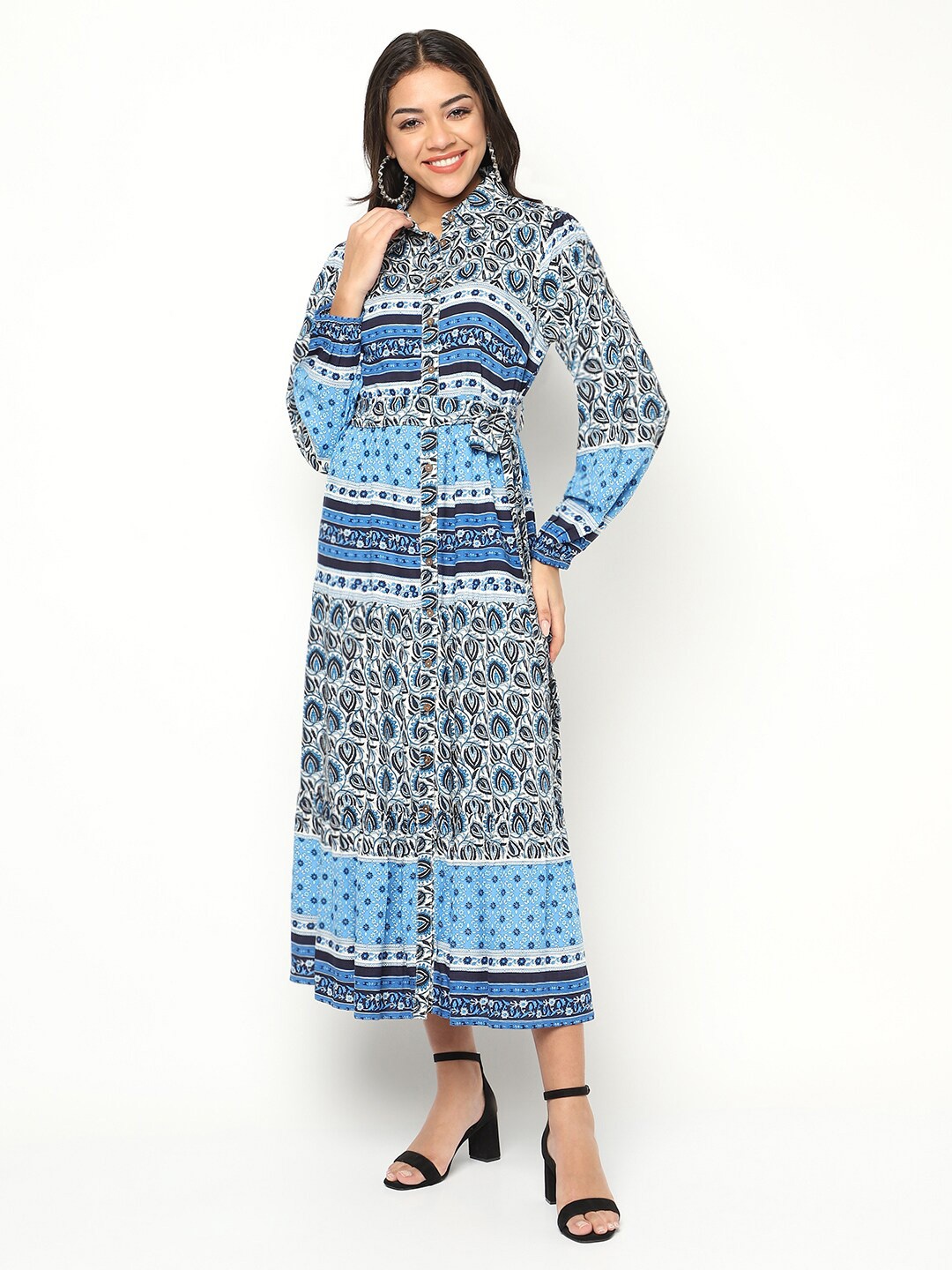 

HOUSE OF S Floral Printed Shirt Collar Fit and Flare Dress, Blue