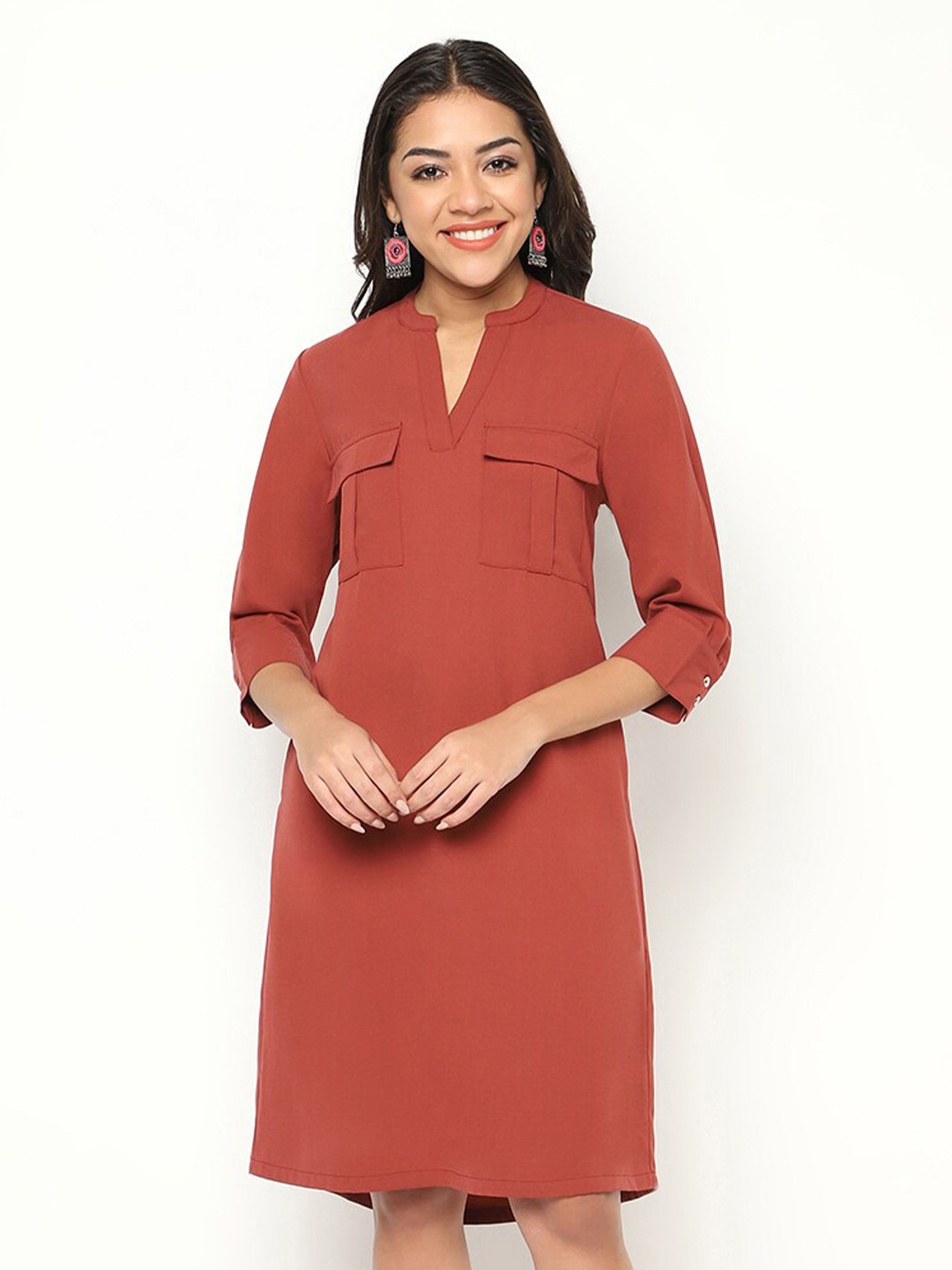 

HOUSE OF S Mandarin Collar Cuffed Sleeves Crepe A-Line Dress, Rust