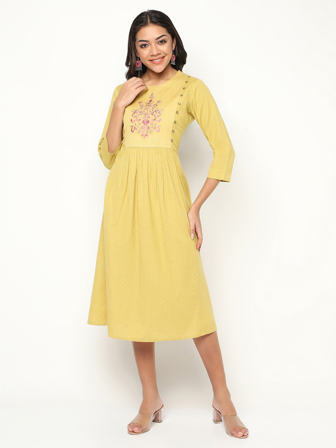 

HOUSE OF S Floral Embroidered Pleated Fit & Flare Midi Ethnic Dress, Yellow