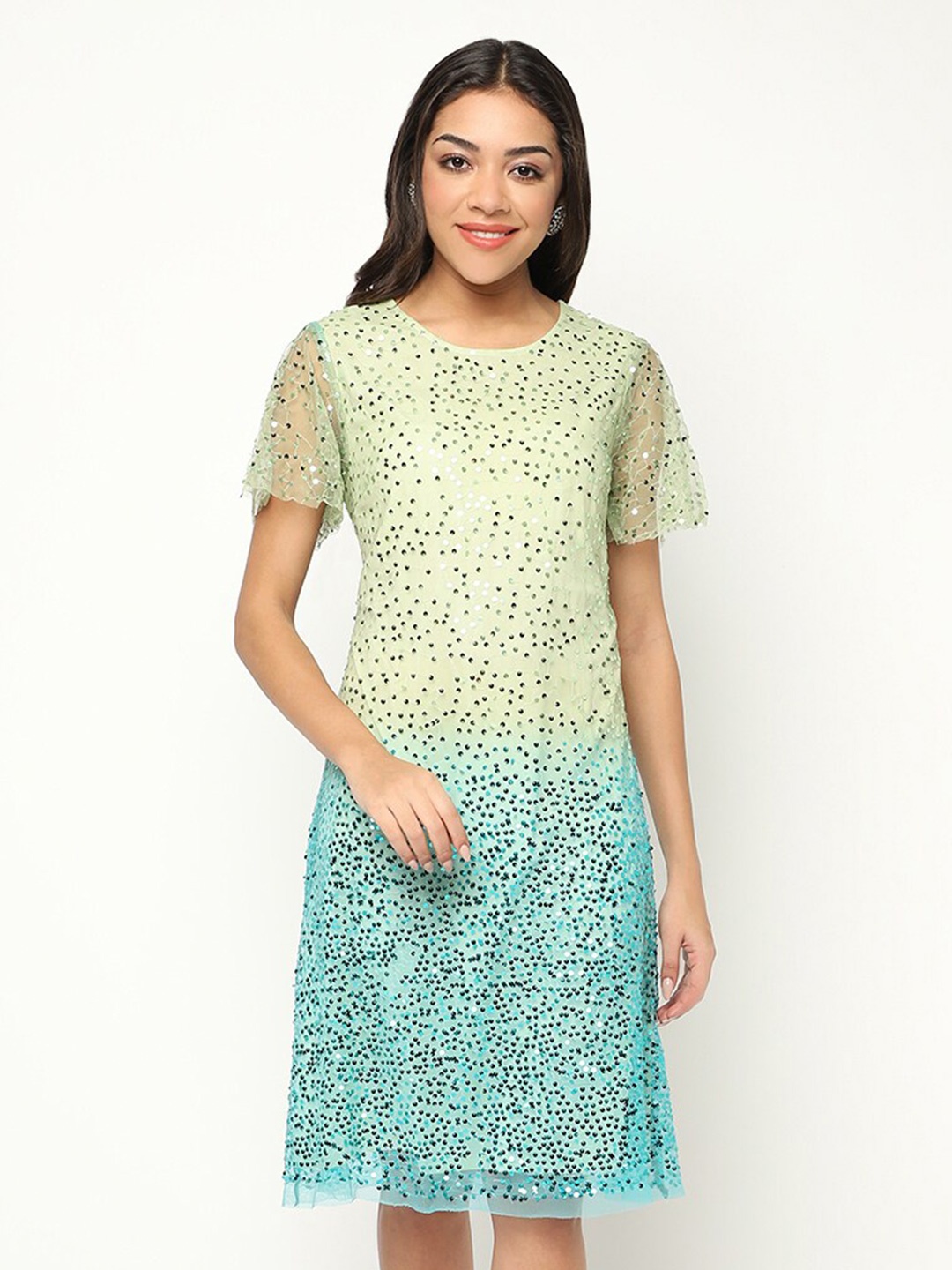 

HOUSE OF S Embellished Flared Sleeves Net A-Line Dress, Green