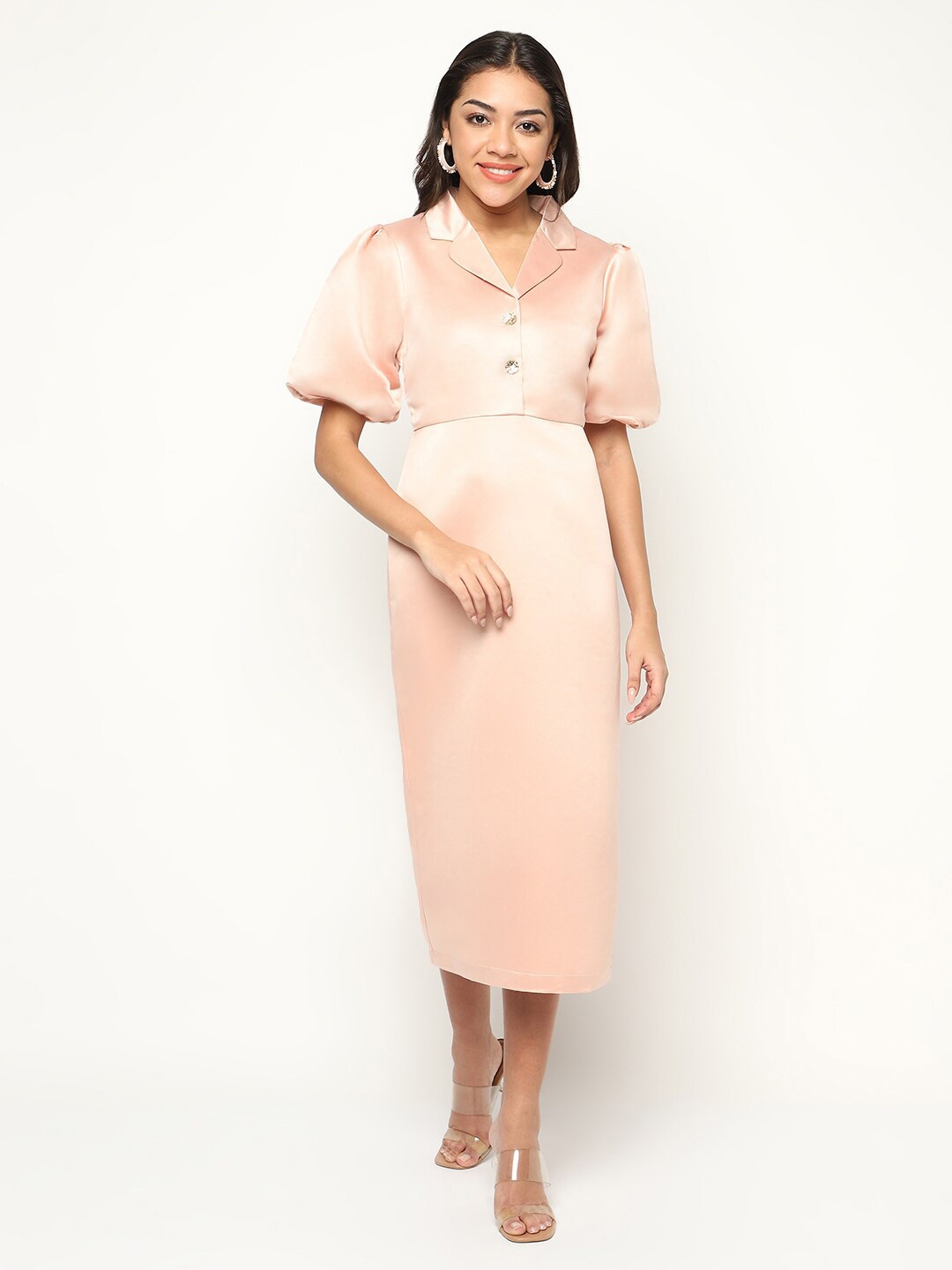 

HOUSE OF S Puff Sleeve Modal Sheath Midi Dress, Peach