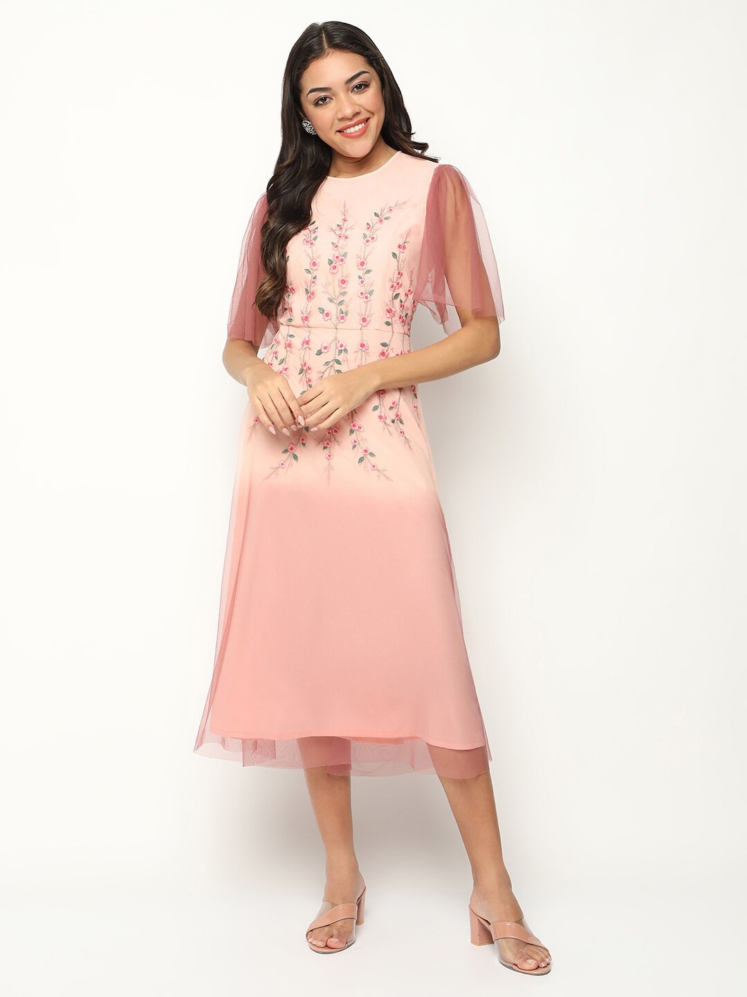 

HOUSE OF S Floral Embroidered Net A-Line Midi Dress, Pink