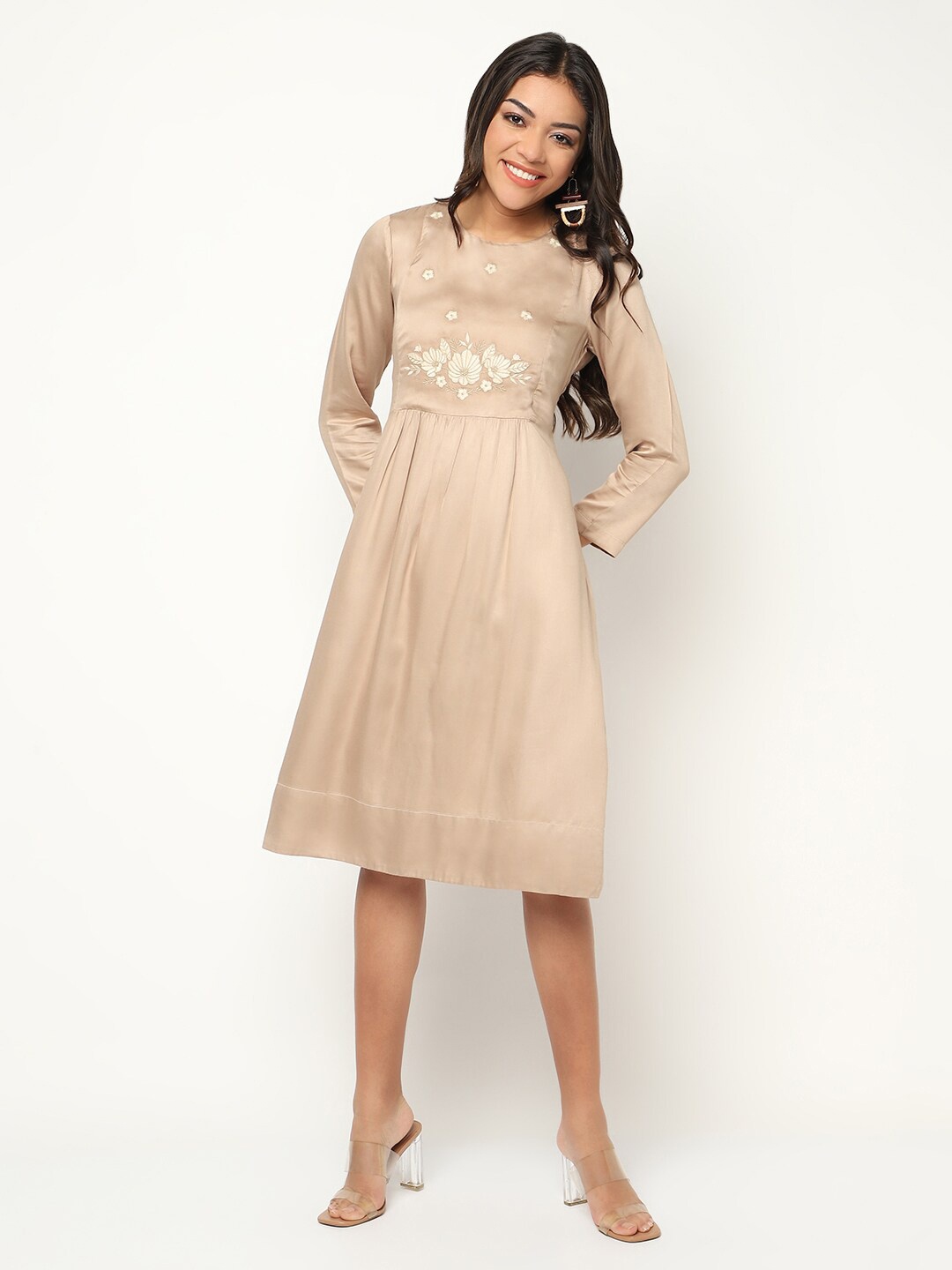 

HOUSE OF S Floral Embroidered Satin Fit & Flare Dress, Beige