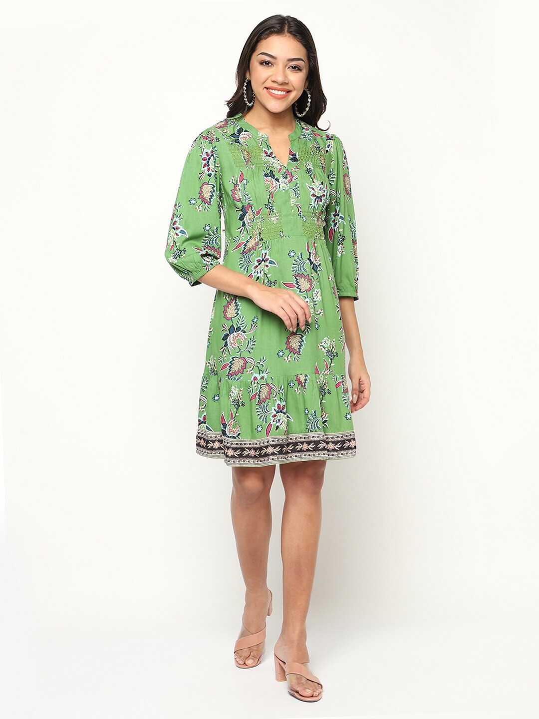 

HOUSE OF S Floral Printed Notched Neck Cotton A-Line Dress, Green
