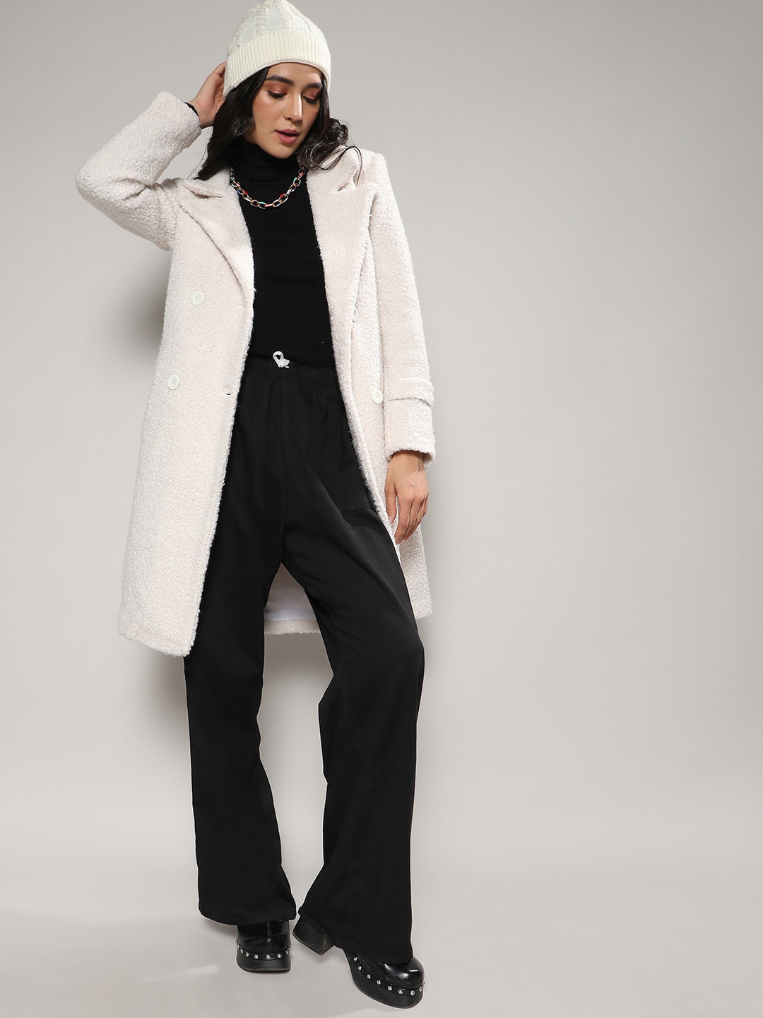 

Campus Sutra White Self Design Notched Lapel Collar Longline Trench Coat