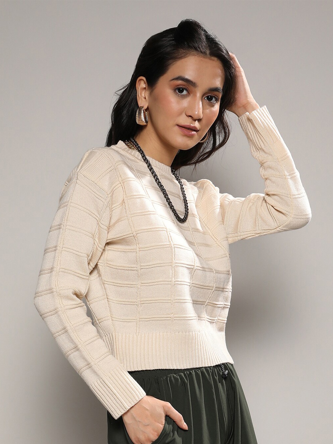 

Campus Sutra Cable Knit Acrylic Pullover, Beige