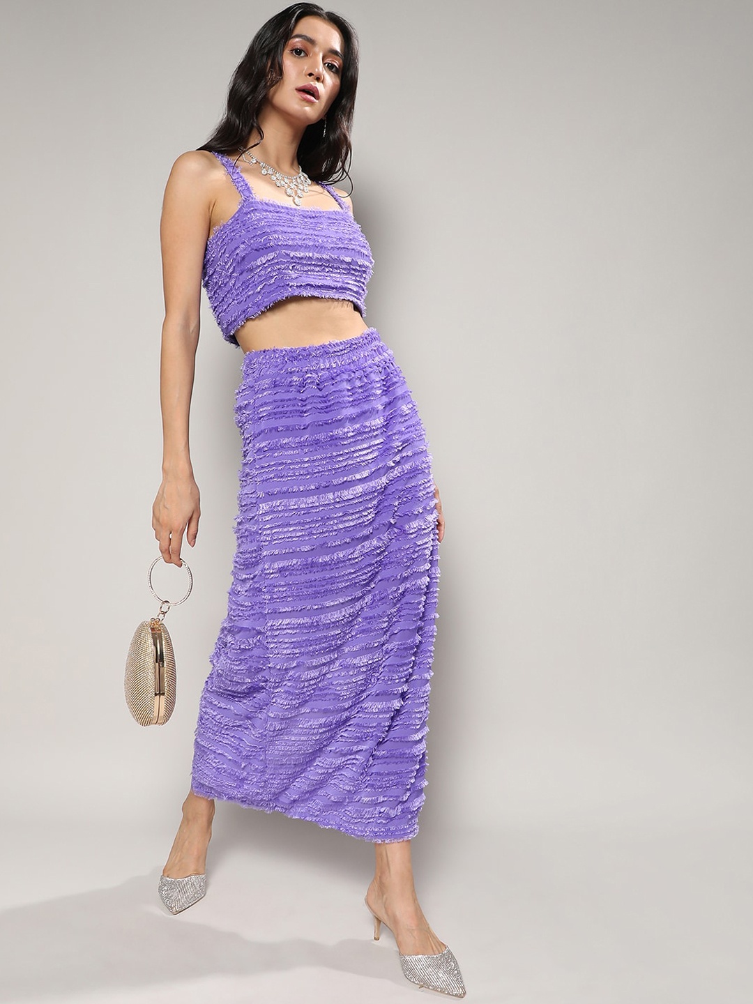 

Campus Sutra Purple Self-Design Crop Top With Maxi Skirt