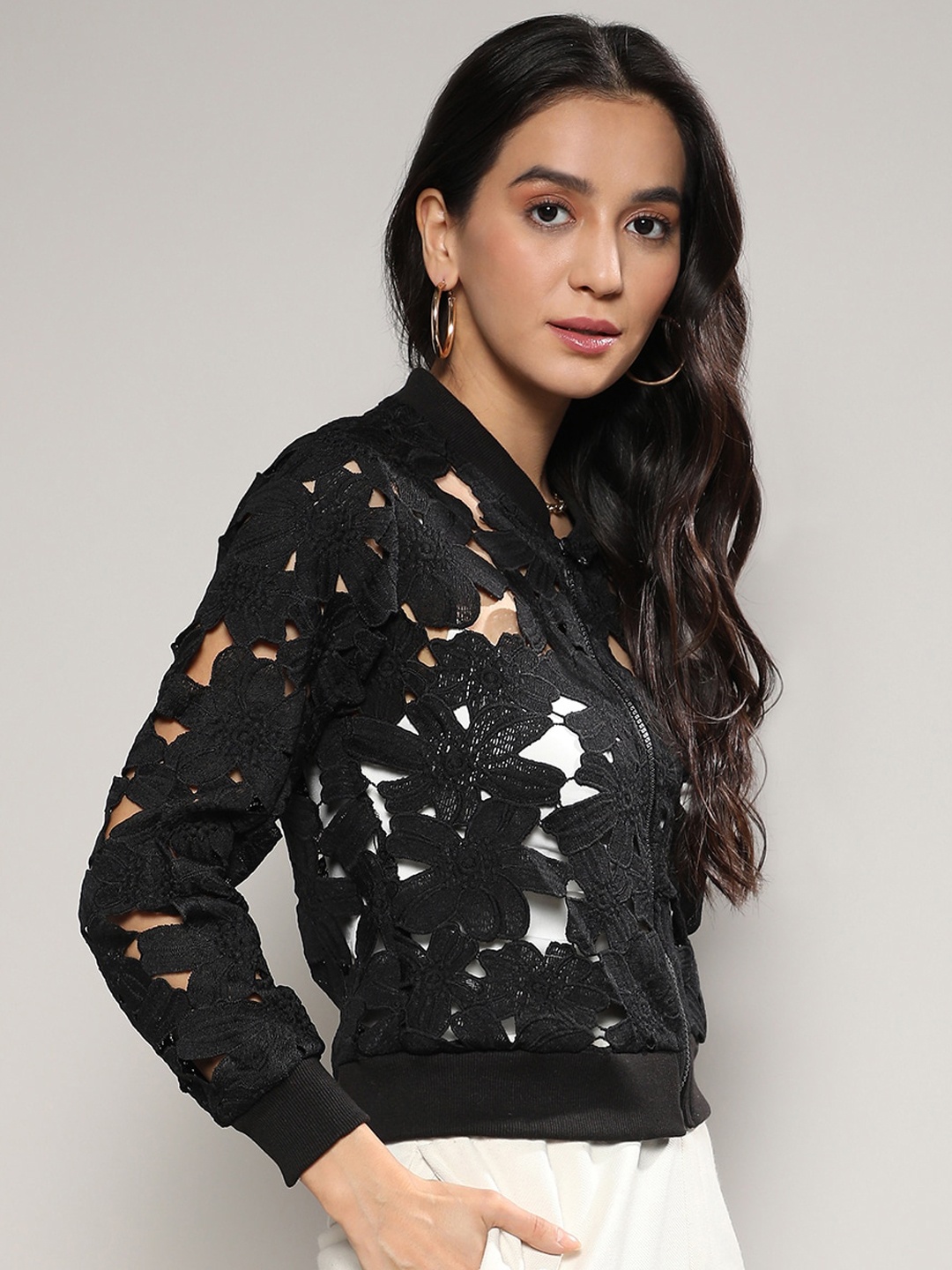 

Campus Sutra Black Floral Self Design Windcheater Crop Bomber Jacket