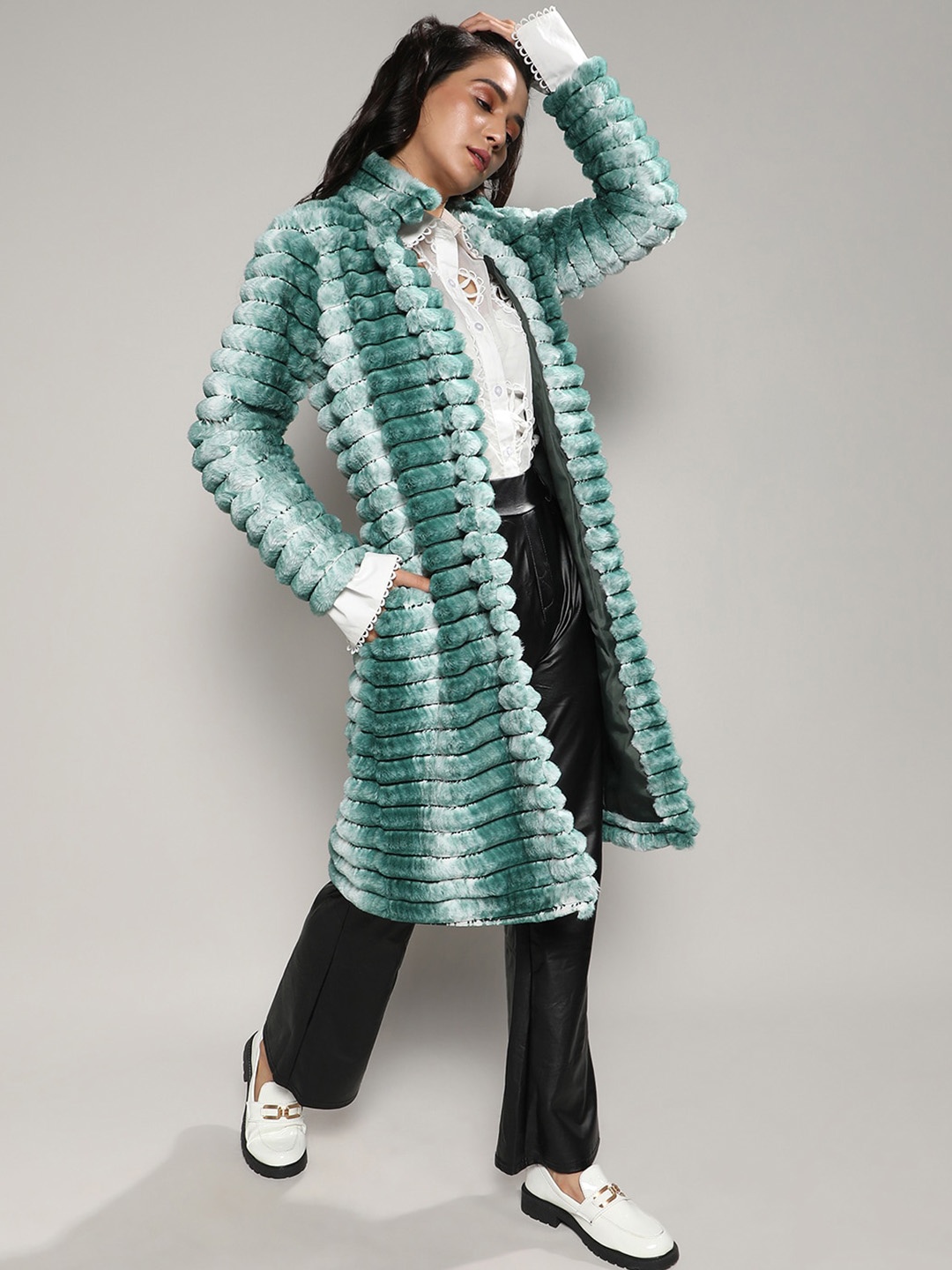 

Campus Sutra White Self Design Spread Collar Long Sleeves Front-Open Longline Overcoat