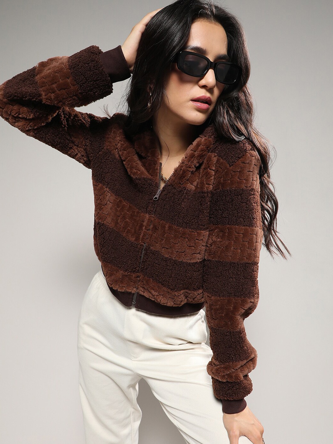 

Campus Sutra Brown Striped Windcheater Faux Fur Trim Tailored Jacket