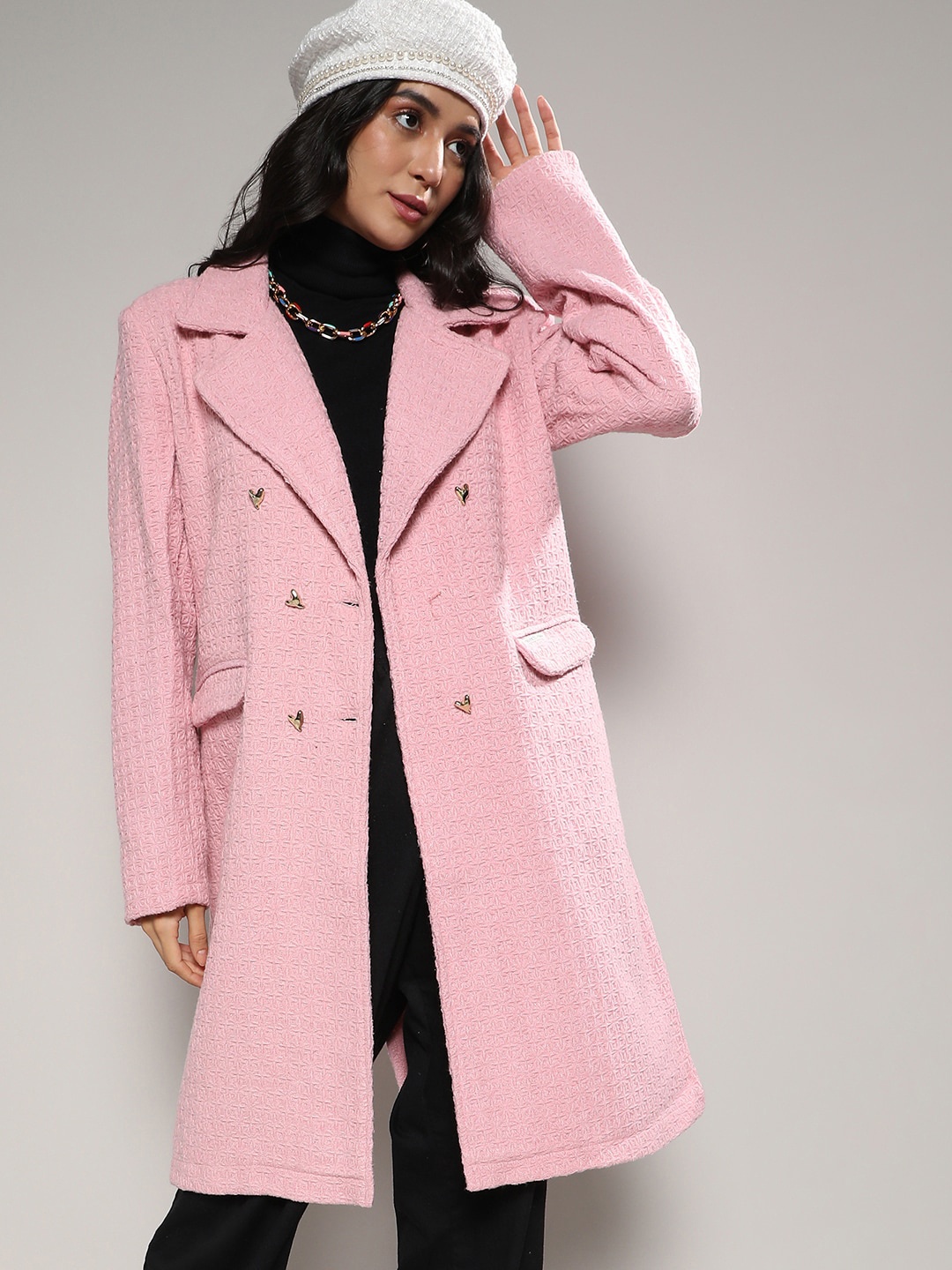 

Campus Sutra Pink Self Design Notched Lapel Collar Longline Trench Coat
