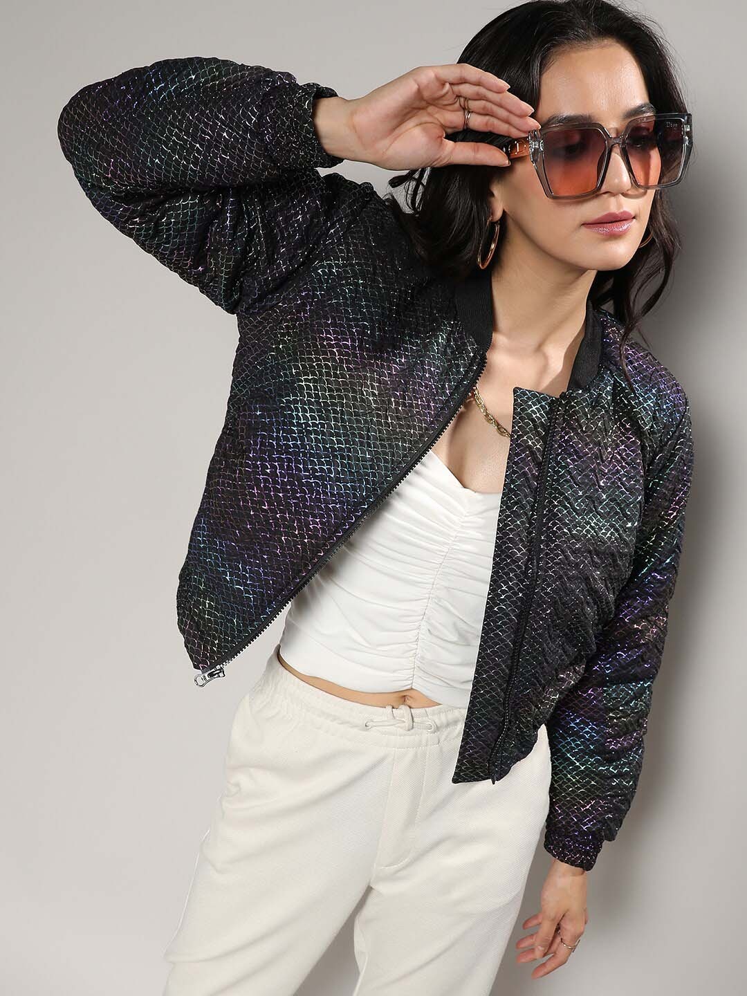 

Campus Sutra Black Self Designed Windcheater Tailored Jacket