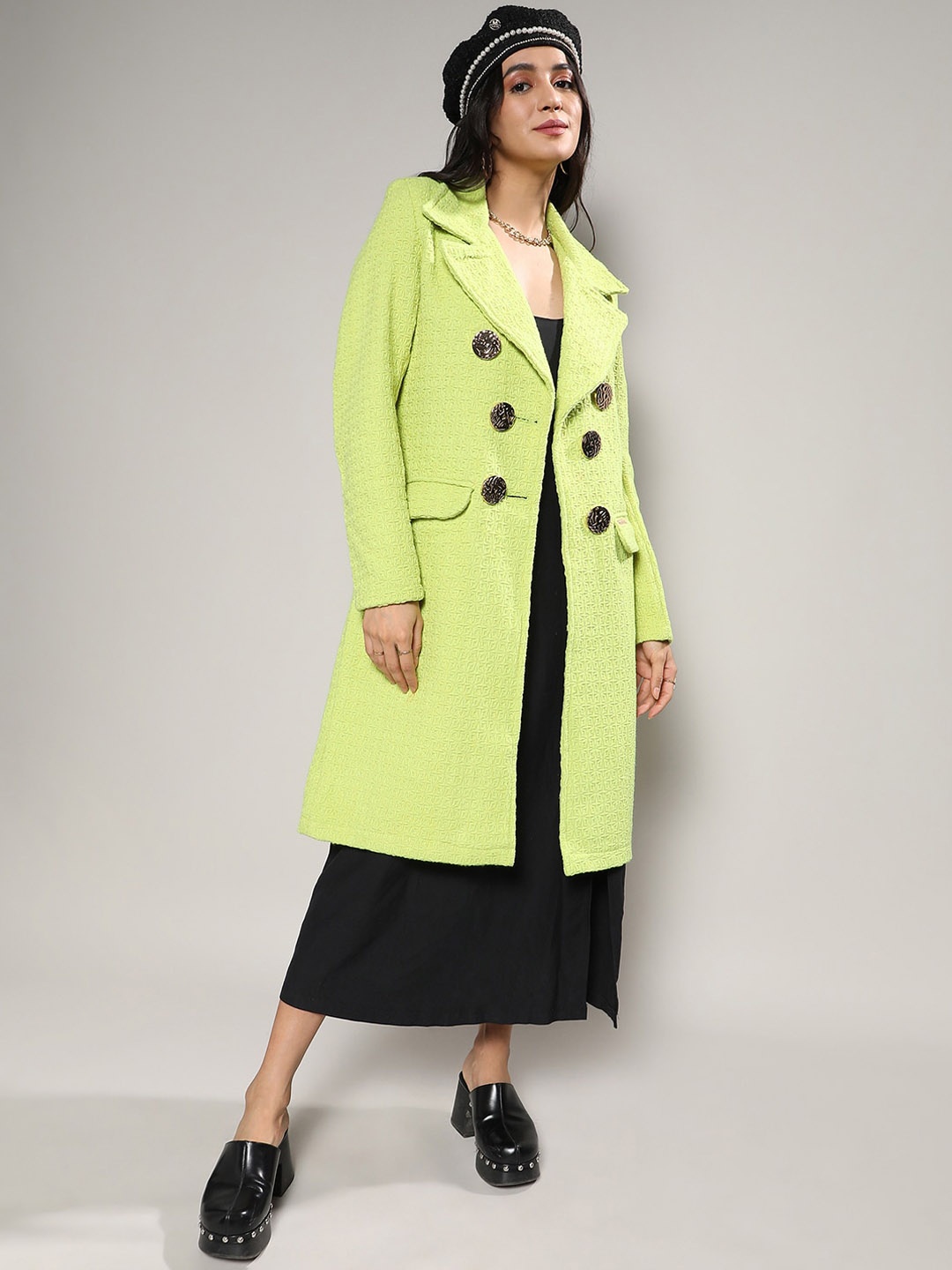 

Campus Sutra Green Self Design Double-Breasted Notched Lapel Longline Overcoat
