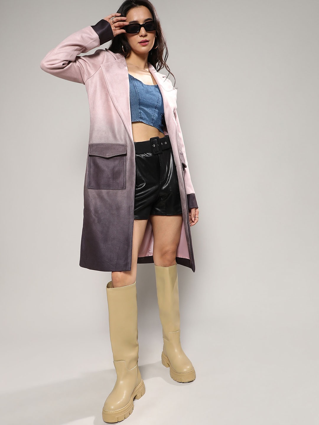 

Campus Sutra Pink Ombre Notched Lapel Collar Suede Longline Overcoat