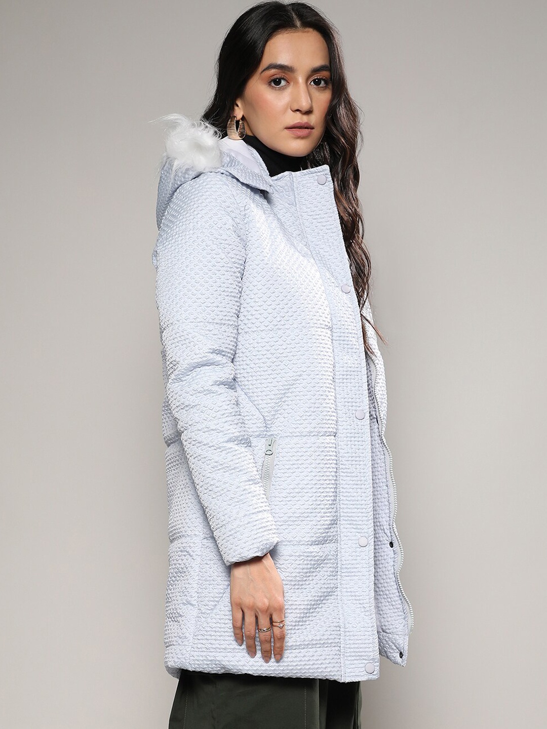 

Campus Sutra Grey Hooded Windcheater Longline Parka Jacket, Blue