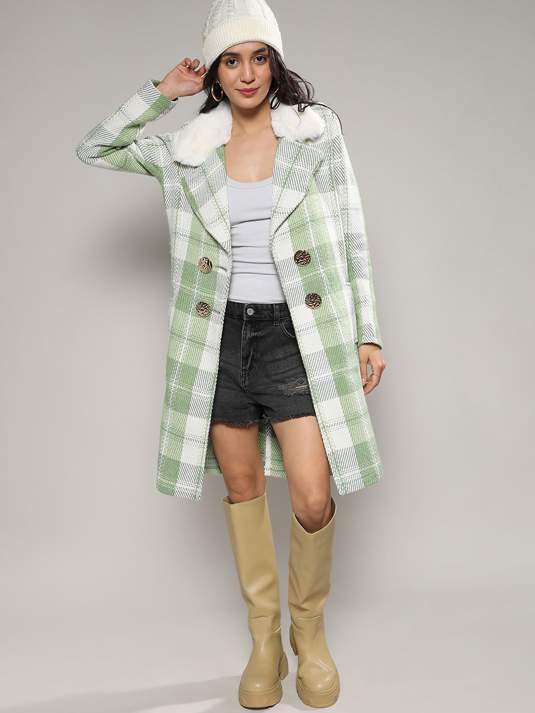

Campus Sutra Green Checked Notched Lapel Collar Longline Overcoat