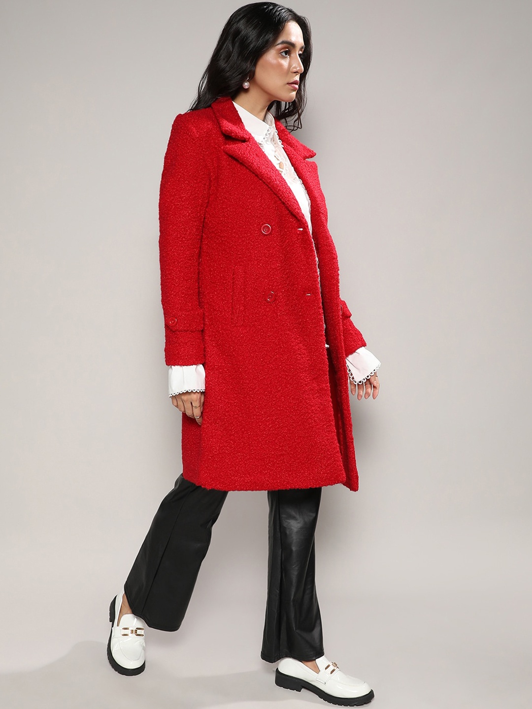 

Campus Sutra Red Self Design Notched Lapel Collar Woollen Longline Trench Coat