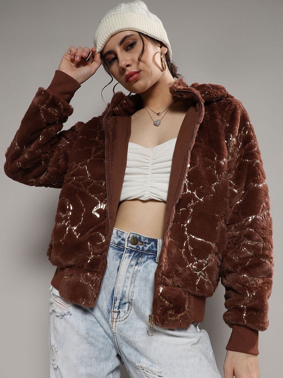 

Campus Sutra Brown Self Design Faux Fur Trim Windcheater Bomber Jacket