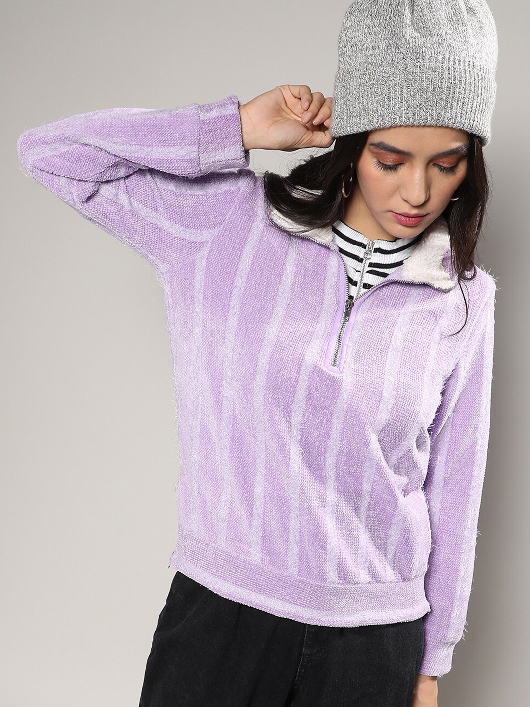 

Campus Sutra Striped High Neck Half Zipper Pullover Sweatshirt, Lavender