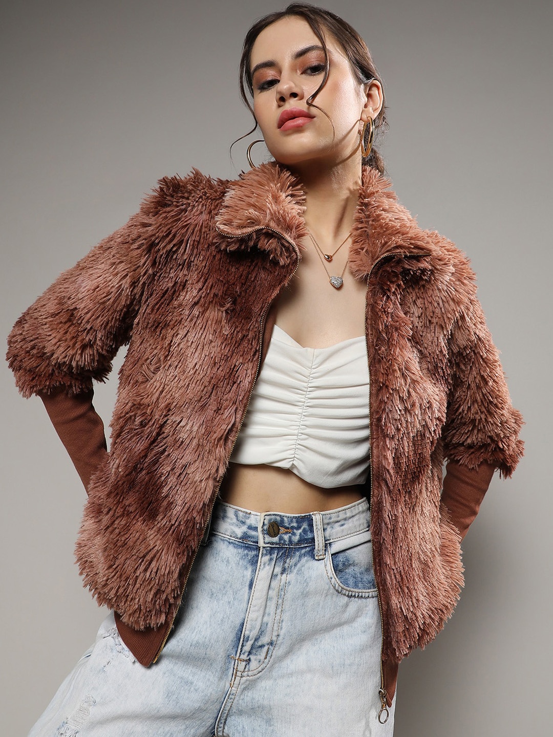 

Campus Sutra Brown Mock Collar Windcheater Faux Fur Tailored Jacket