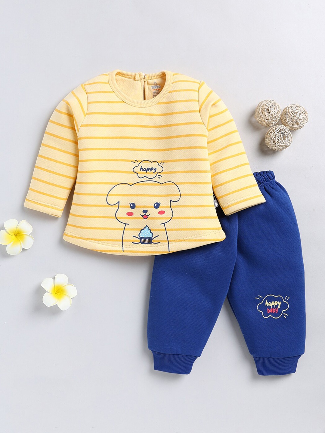 

Moms Love Infants Girls Striped Puppy Printed T-shirt With Joggers, Yellow