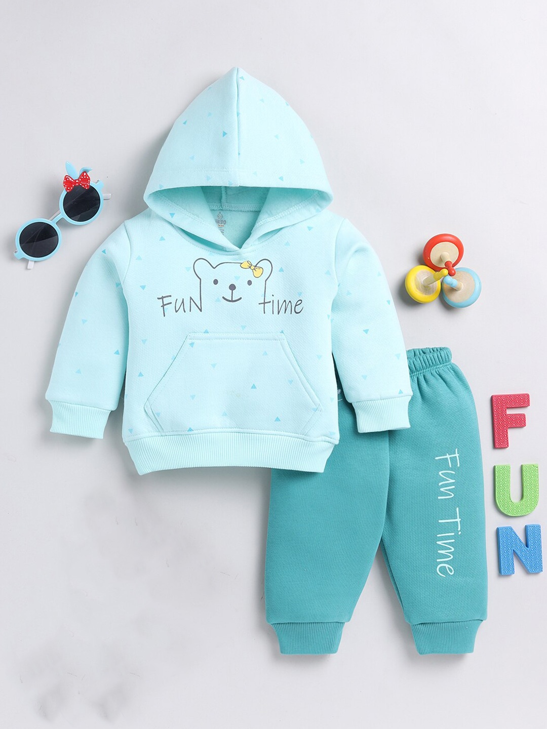 

Moms Love Infant Girls Printed Hooded T-Shirt With Trousers, Sea green