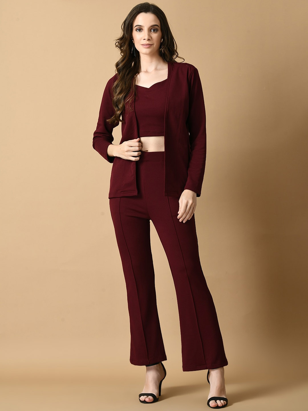 

DressBerry Sweetheart Neck Cropped Top & Front Open Coat With Trousers, Magenta