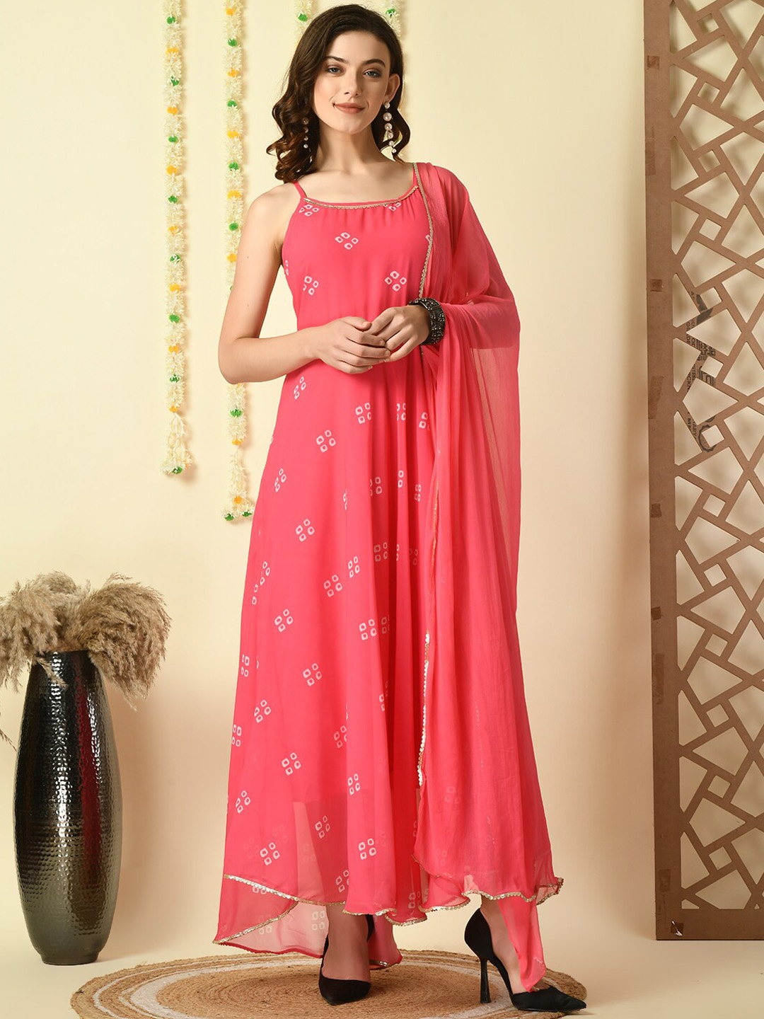 

Myshka Ethnic Motifs Printed Shoulder Straps Maxi Ethnic Dress With Dupatta, Pink