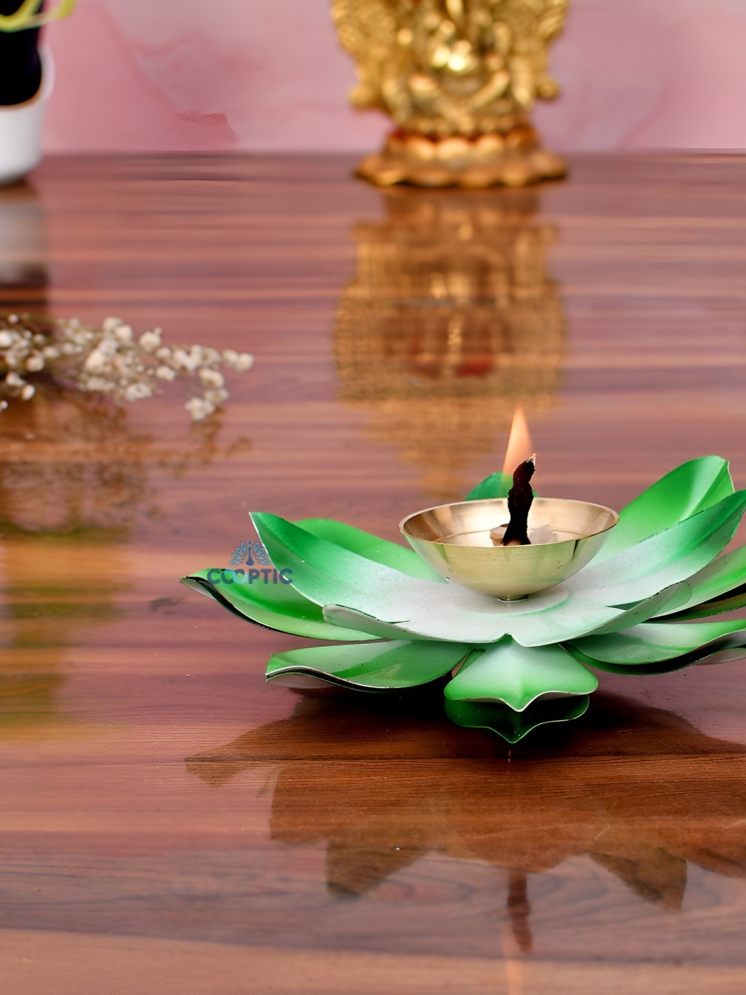 

COOPTIC Gold & Green Lotus Shaped Metal Diyas