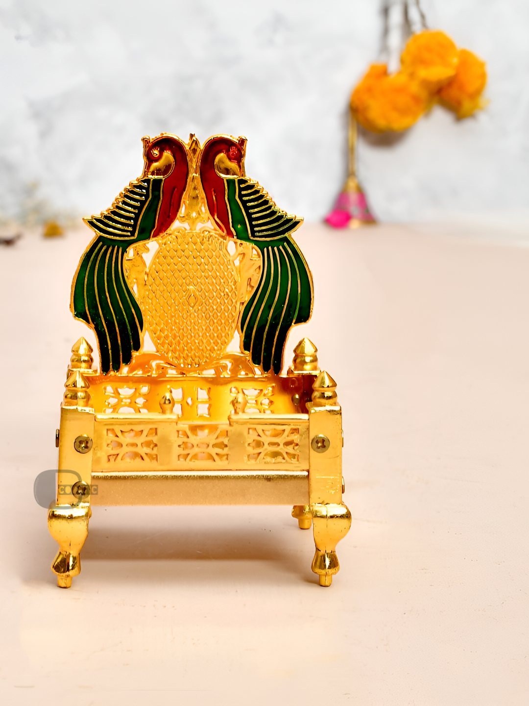 

COOPTIC Green& Metallic Peacock Design Metal Laddu Gopal Singhasan Lord Jhulas