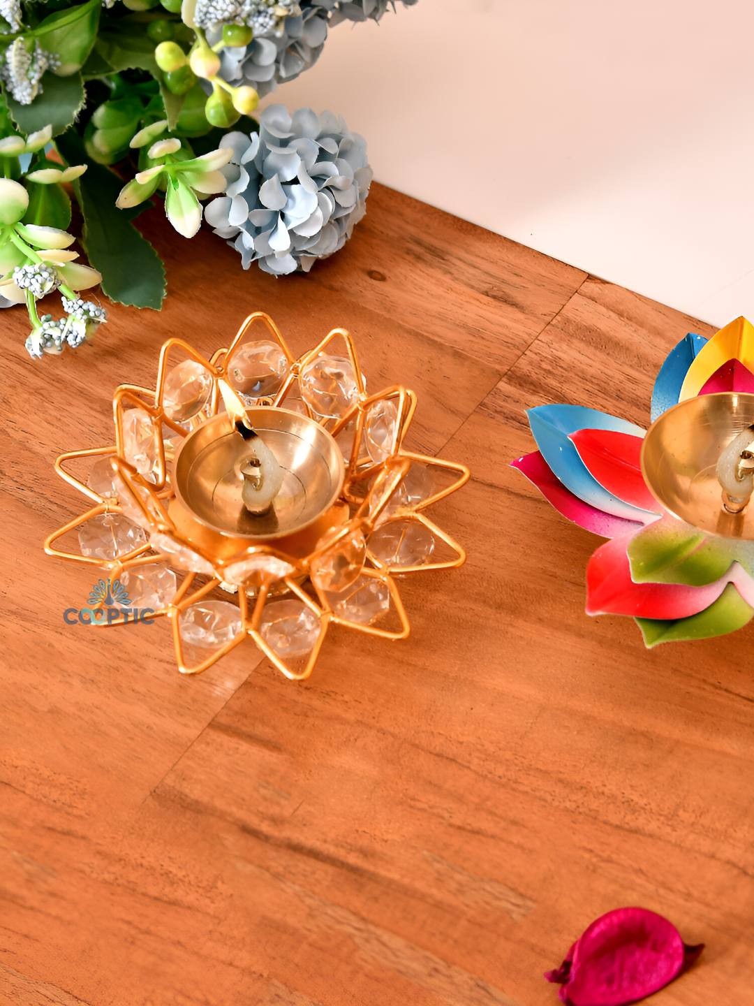 

COOPTIC Pink 2-Pcs Metal Crystal Engraved Diya & Lotus Deep Akhand Jyoti Diya