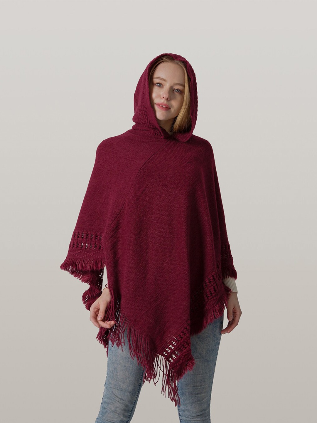 

JC Collection Hooded Frayed Hem Scarf, Maroon