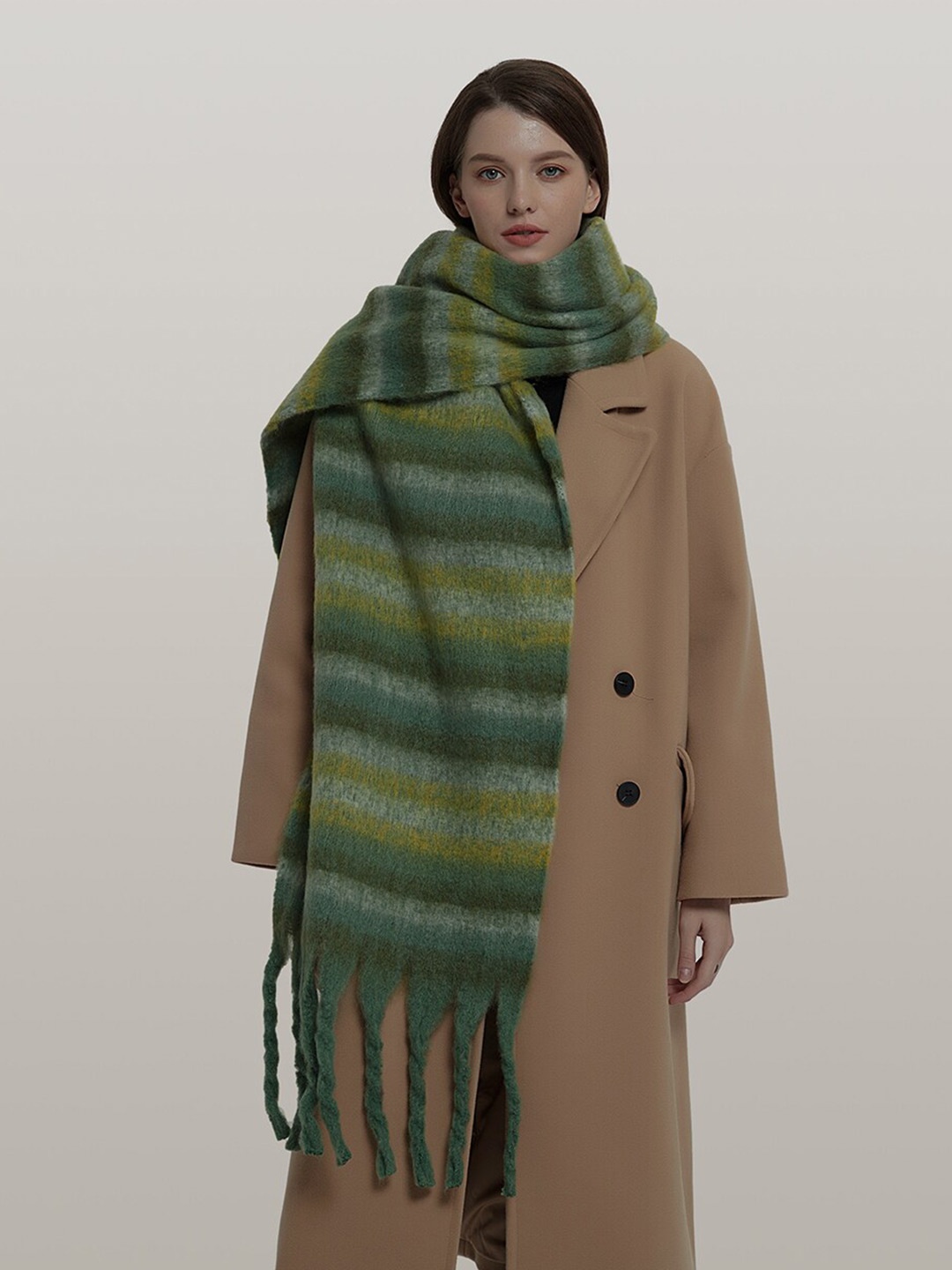 

JC Collection Striped Tasselled Scarf, Green