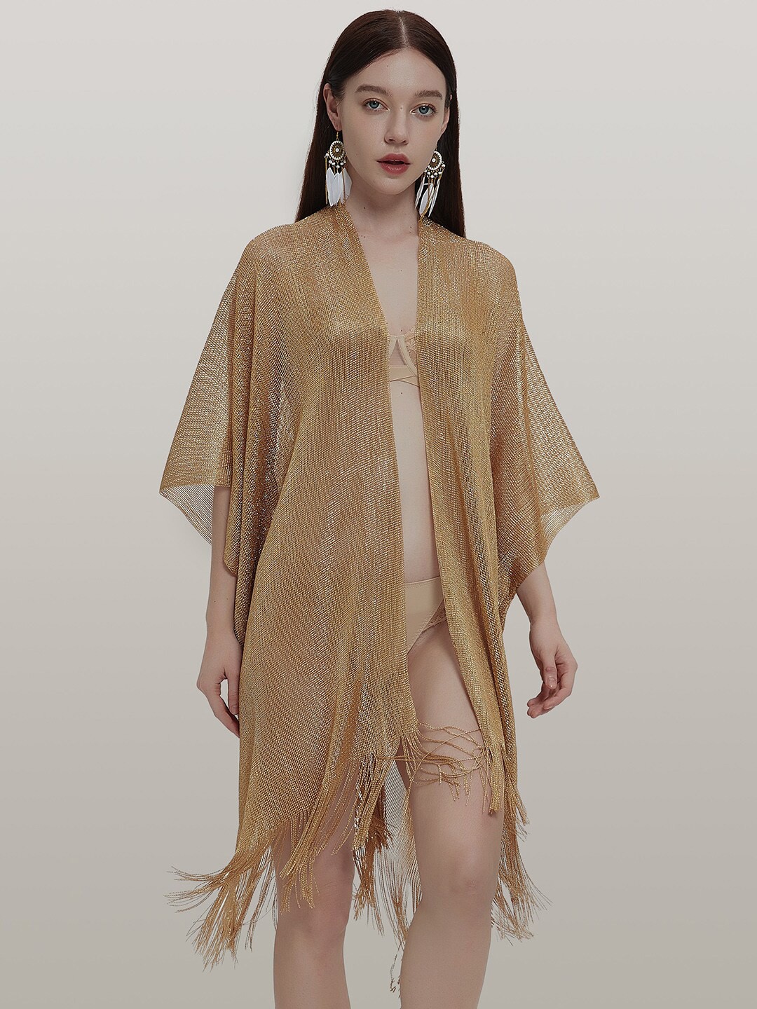 

JC Collection V-Neck Fringed Hemline Swimwear Cover Up Top, Gold