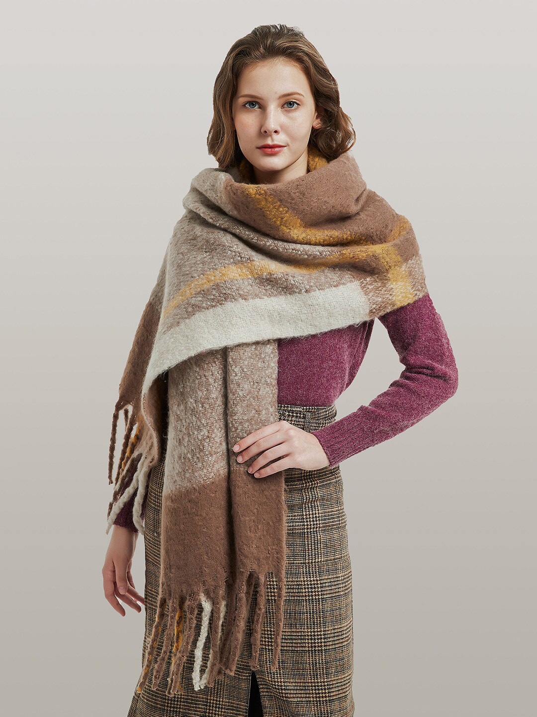 

JC Collection Self Design Tasselled Border Scarf, Brown