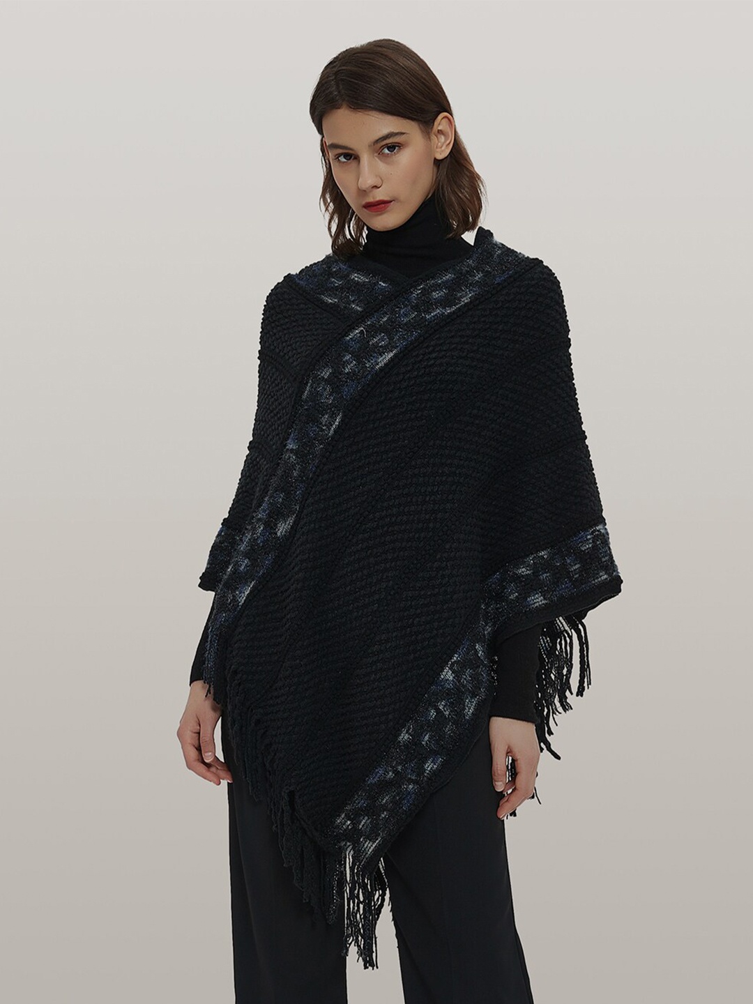 

JC Collection Geometric Self Design Poncho Sweater, Black