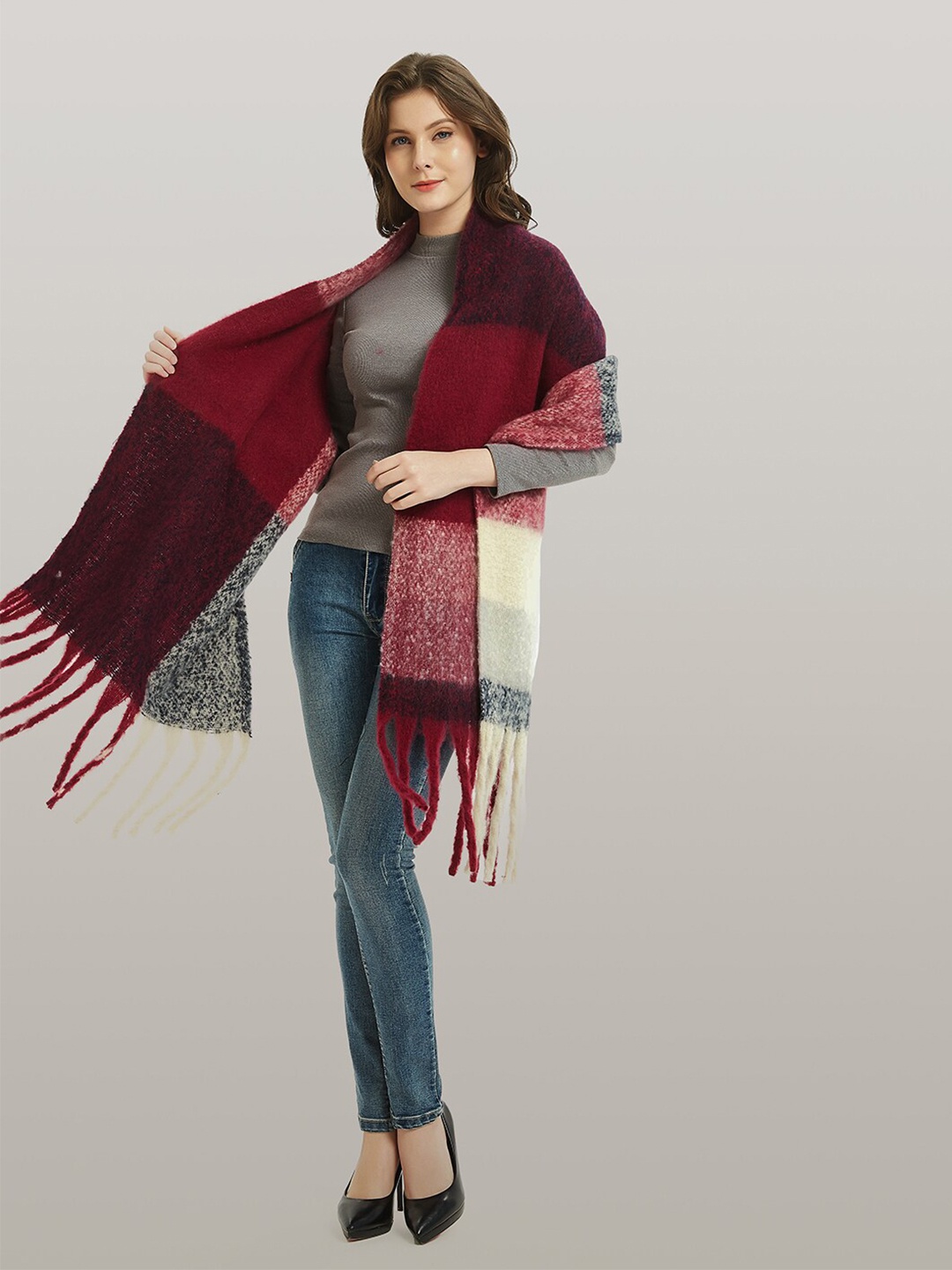 

JC Collection Colourblocked Scarf With Frayed Hem, Maroon