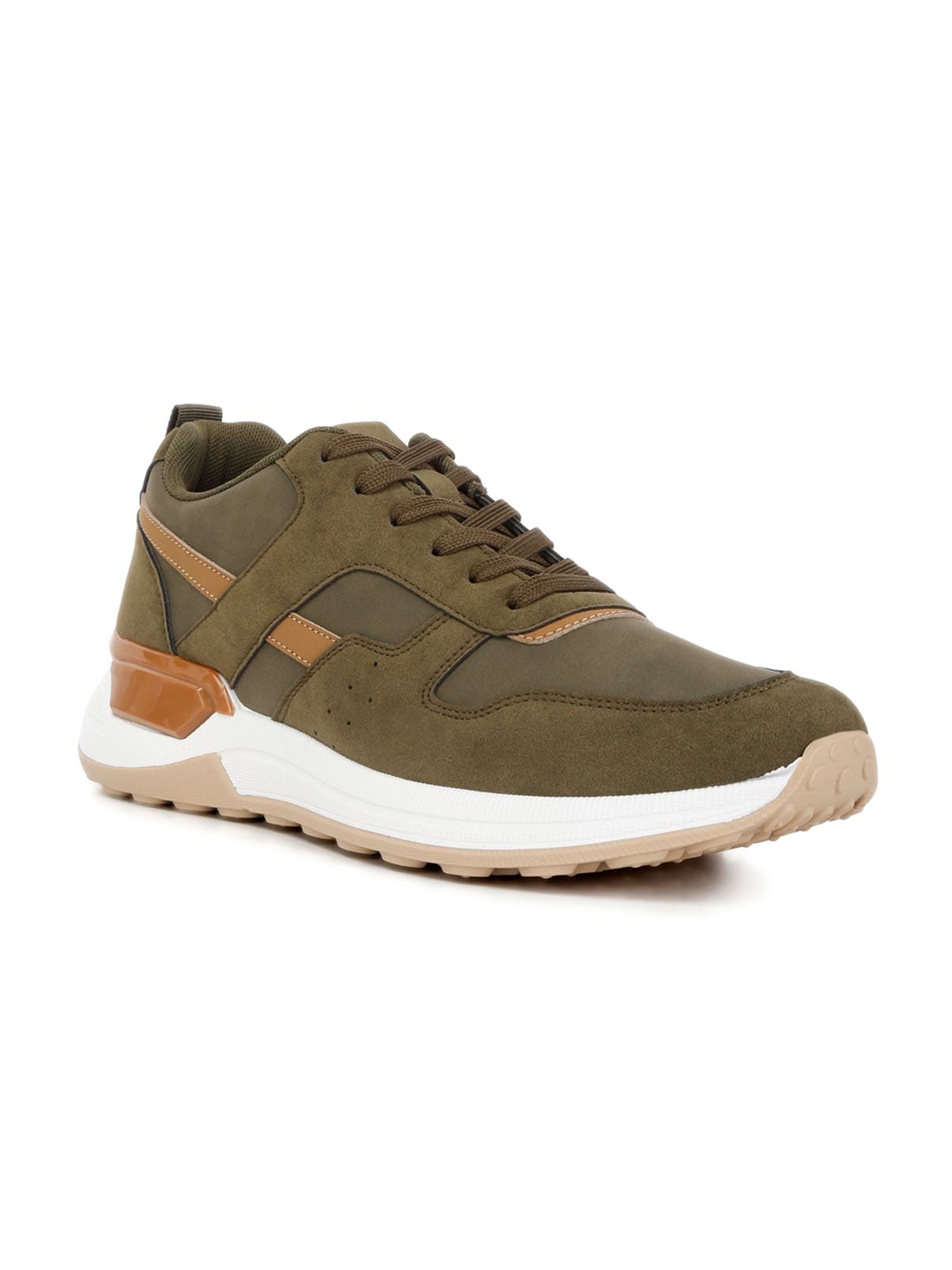 

London Rag Men Suede Paneling Detail Contrast Sole Sneakers, Khaki