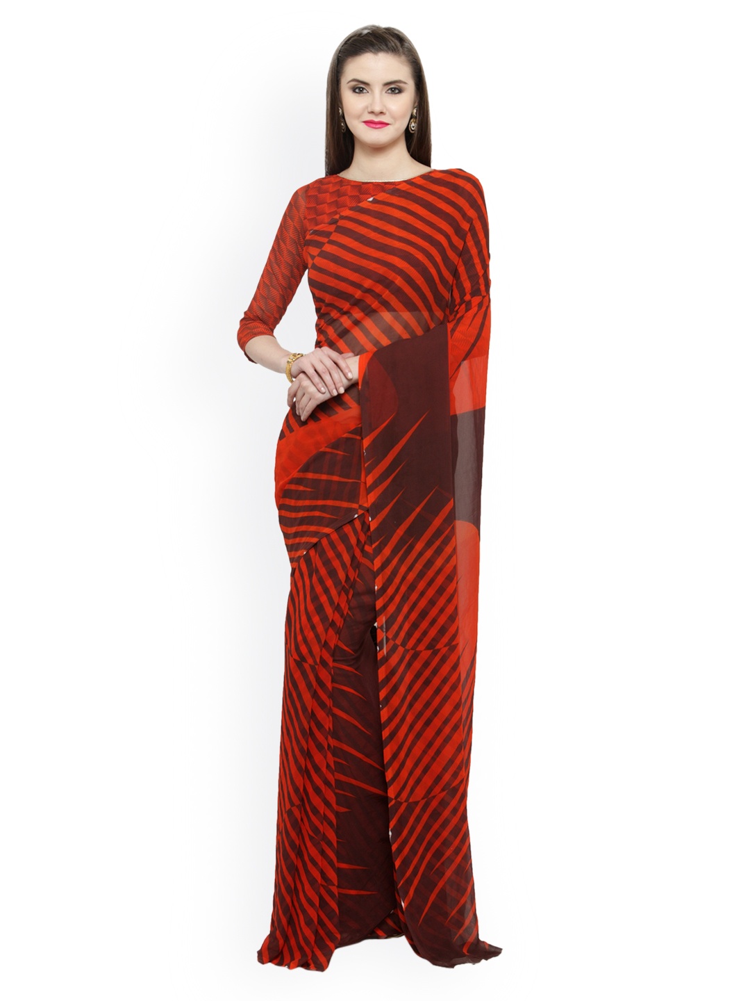 

Shaily Red & Brown Pure Georgette Printed Saree