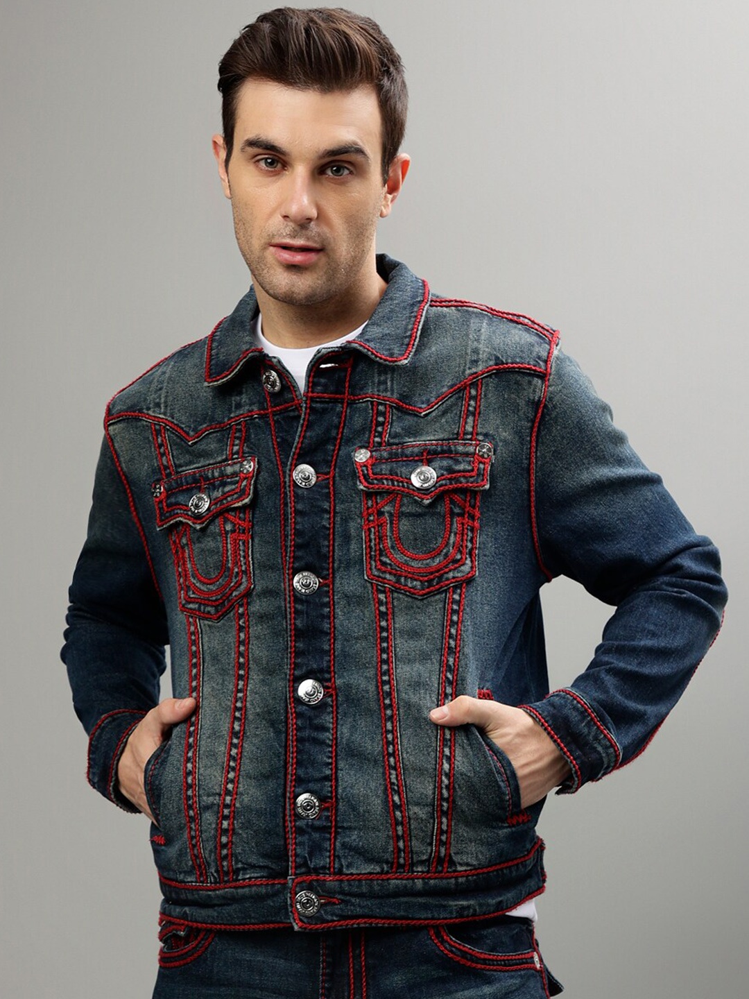 

True Religion Washed Spread Collar Crop Denim Jacket, Blue