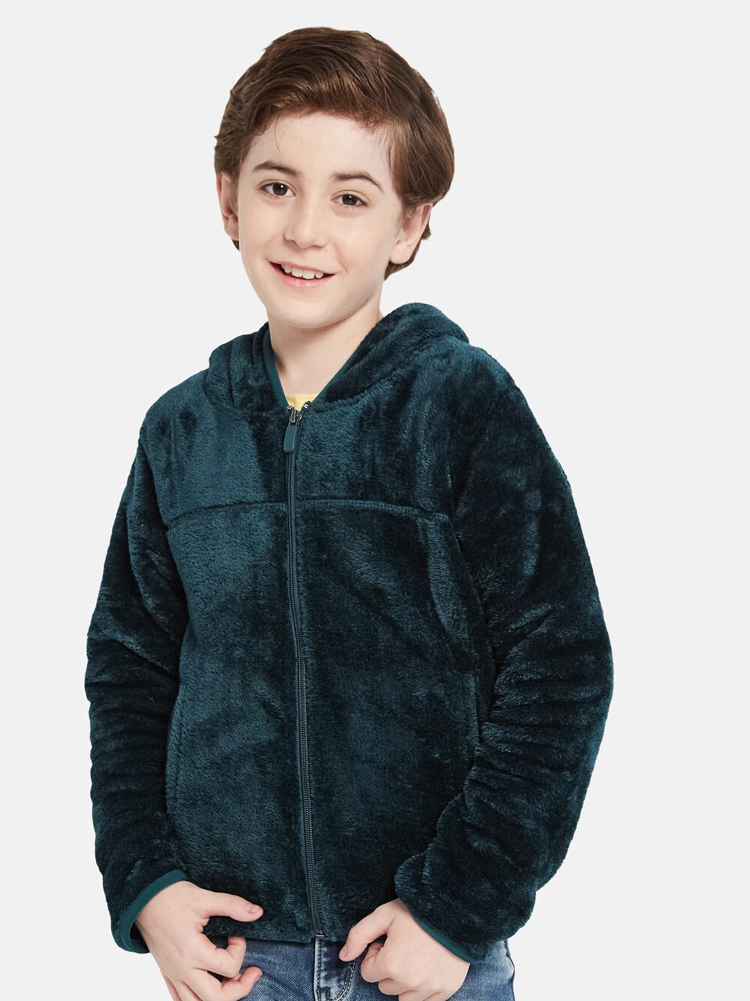 

Octave Boys Self Design Front Open Fleece Hooded Sweatshirt, Green